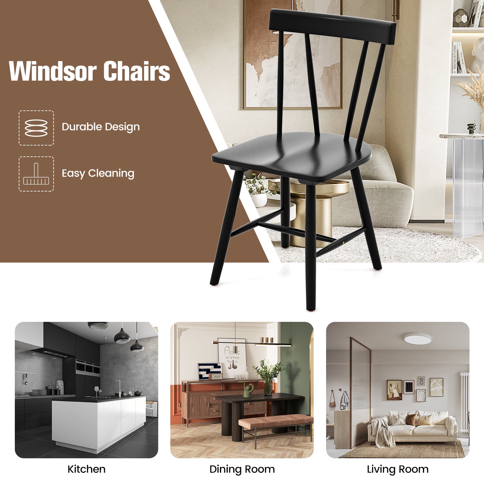 Windsor Style Armless Chair, Solid Rubber Wood Frame, Black Chairs at Gallery Canada