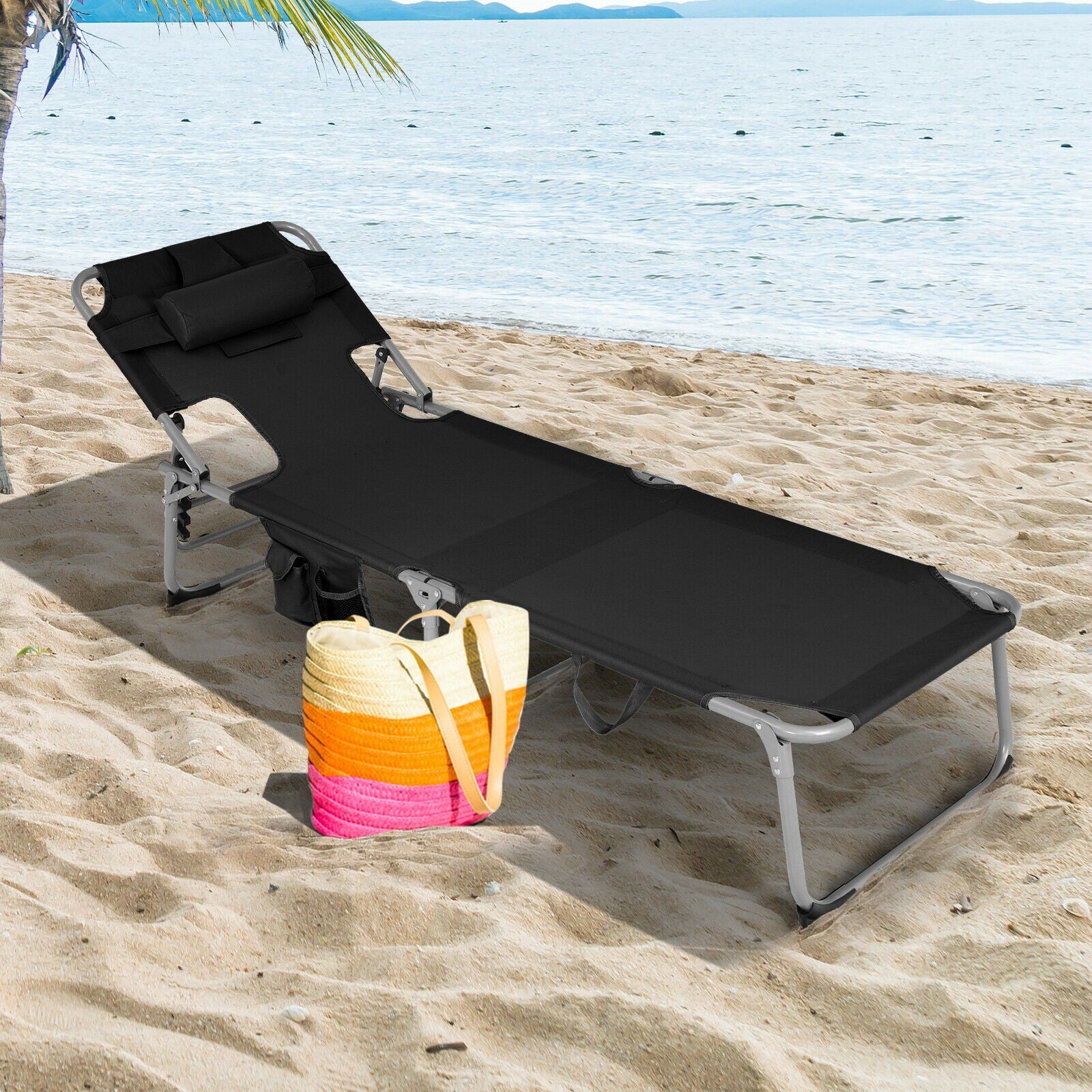 Folding Beach Lounge Chair With Pillow, Black Outdoor Chaise Lounges at Gallery Canada