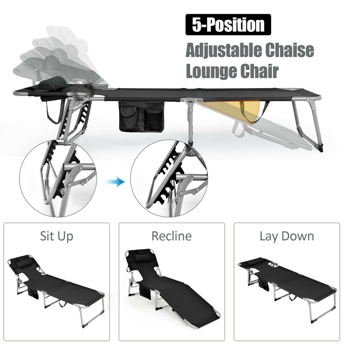 Folding Beach Lounge Chair With Pillow, Black Outdoor Chaise Lounges at Gallery Canada