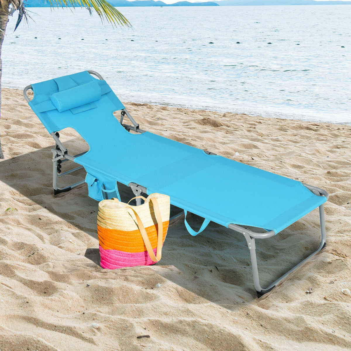 Folding Beach Lounge Chair With Pillow, Turquoise Outdoor Chaise Lounges at Gallery Canada