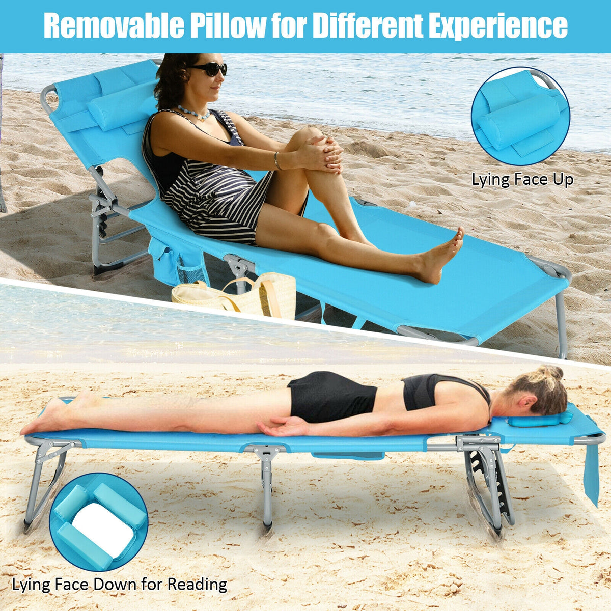 Folding Beach Lounge Chair With Pillow, Turquoise Outdoor Chaise Lounges at Gallery Canada