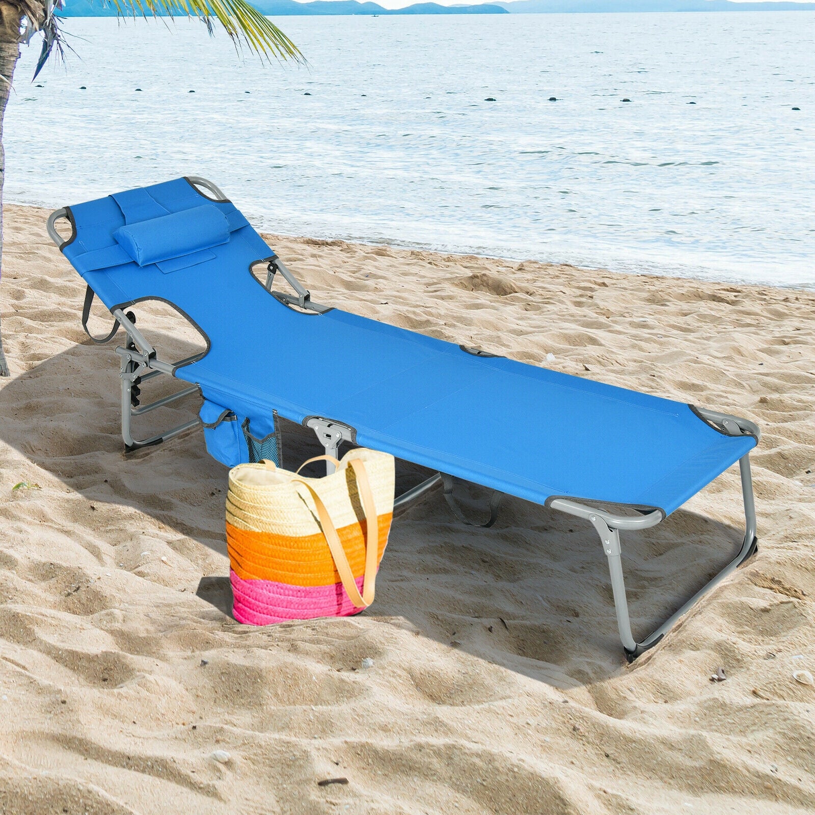 Folding Beach Lounge Chair With Pillow, Blue Outdoor Chaise Lounges at Gallery Canada