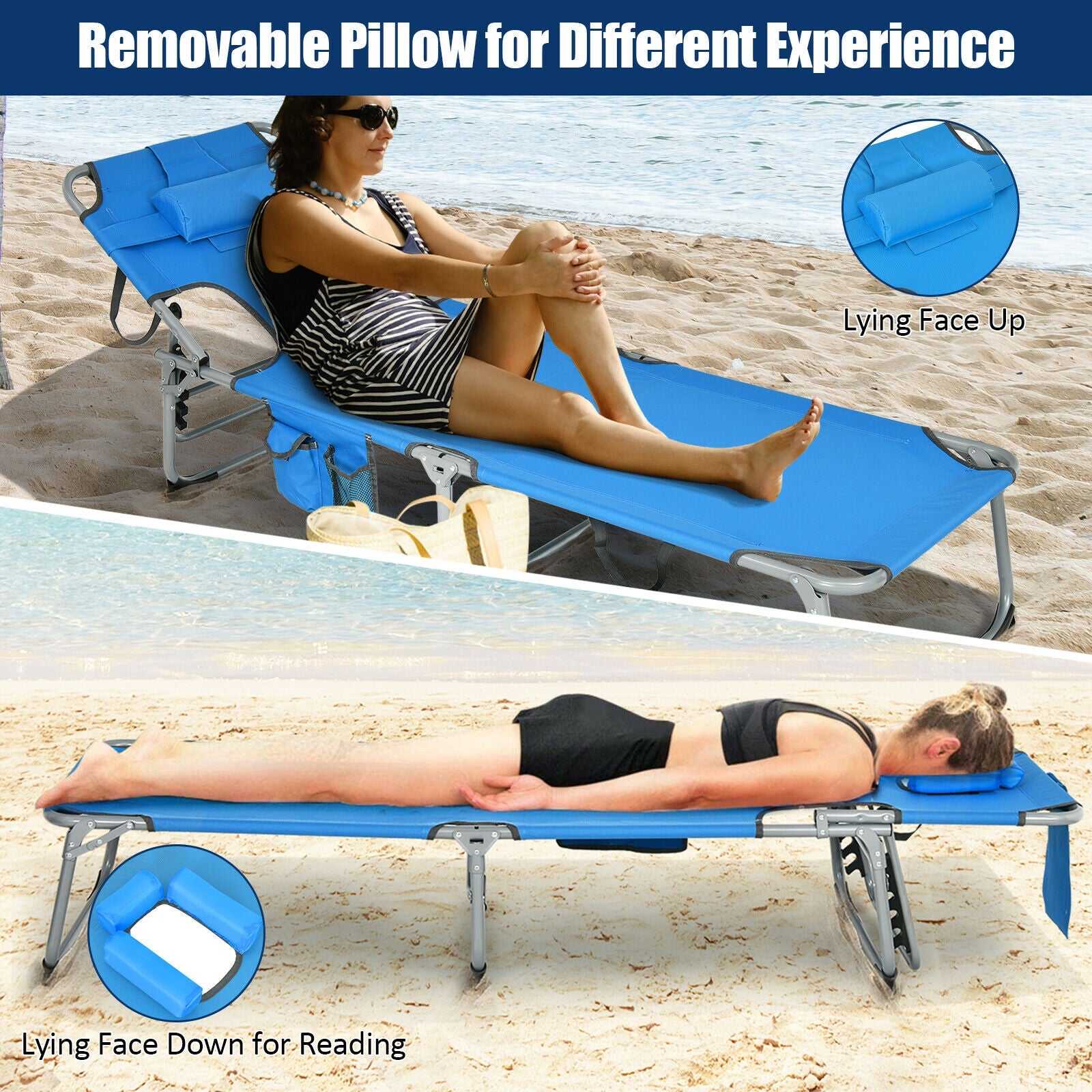 Folding Beach Lounge Chair With Pillow, Blue Outdoor Chaise Lounges at Gallery Canada