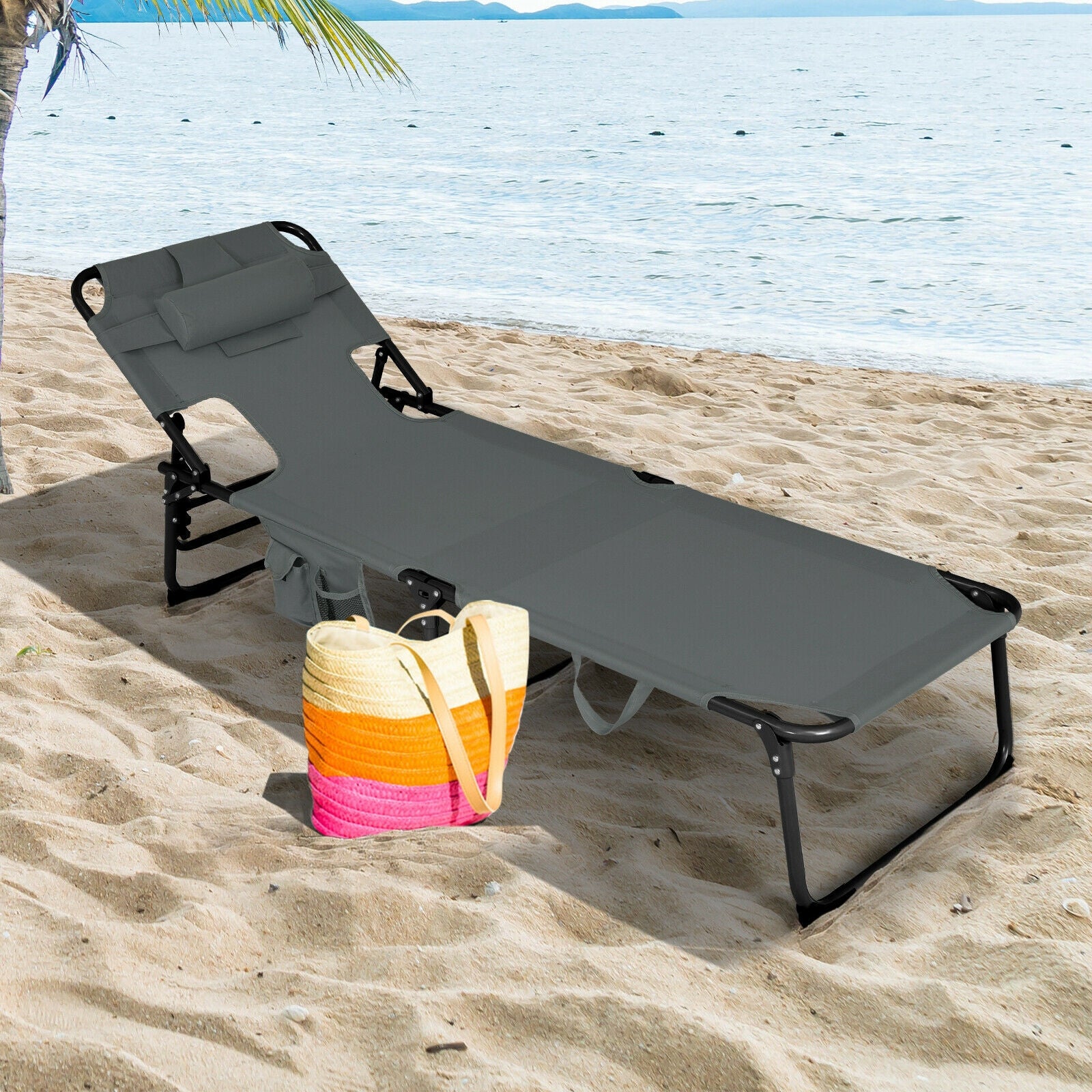 Folding Beach Lounge Chair With Pillow, Gray Outdoor Chaise Lounges at Gallery Canada