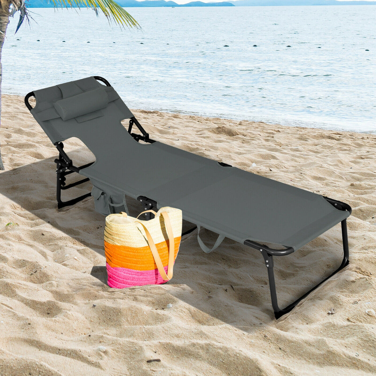 Folding Beach Lounge Chair With Pillow, Gray Outdoor Chaise Lounges at Gallery Canada