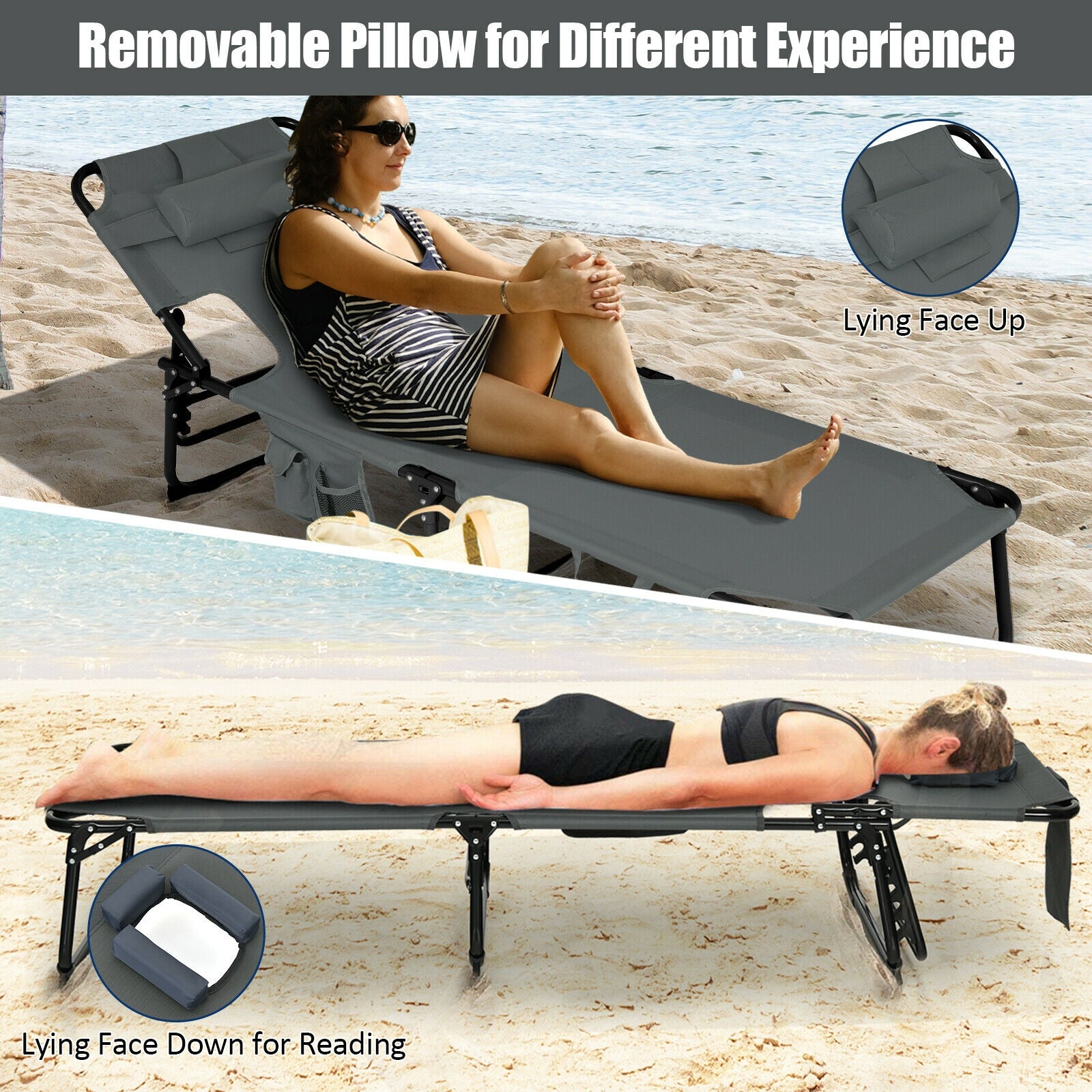 Folding Beach Lounge Chair With Pillow, Gray Outdoor Chaise Lounges at Gallery Canada