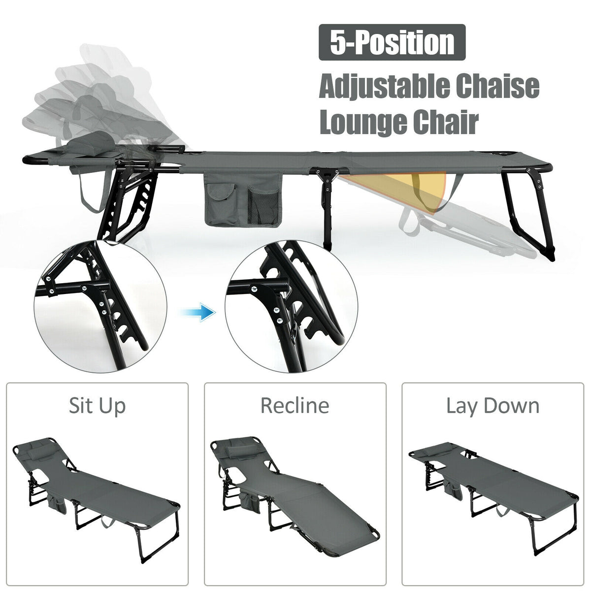 Folding Beach Lounge Chair With Pillow, Gray Outdoor Chaise Lounges at Gallery Canada