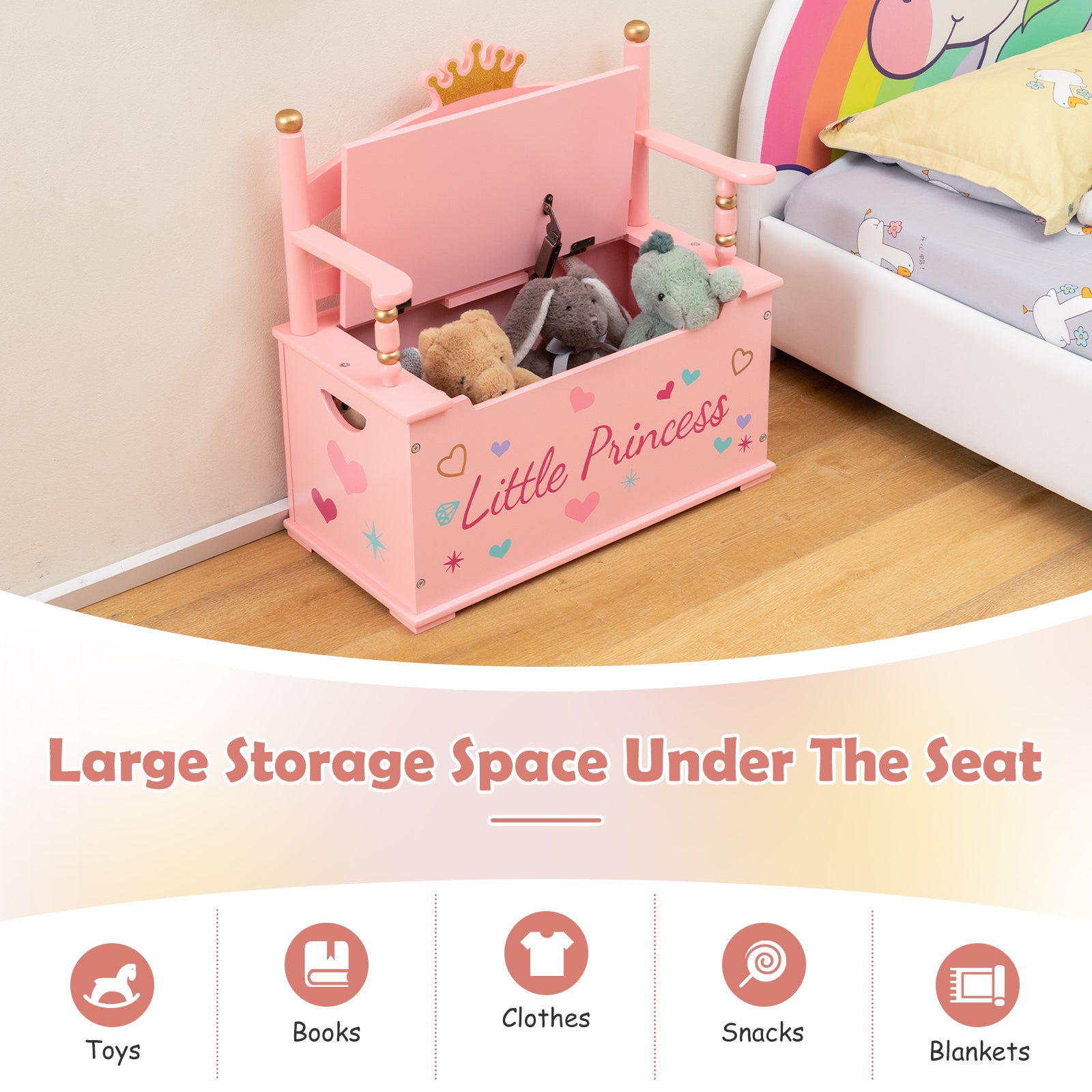 2-In-1 Kids Princess Wooden Toy Box, Safe Hinged Lid, Pink Kids Storage at Gallery Canada