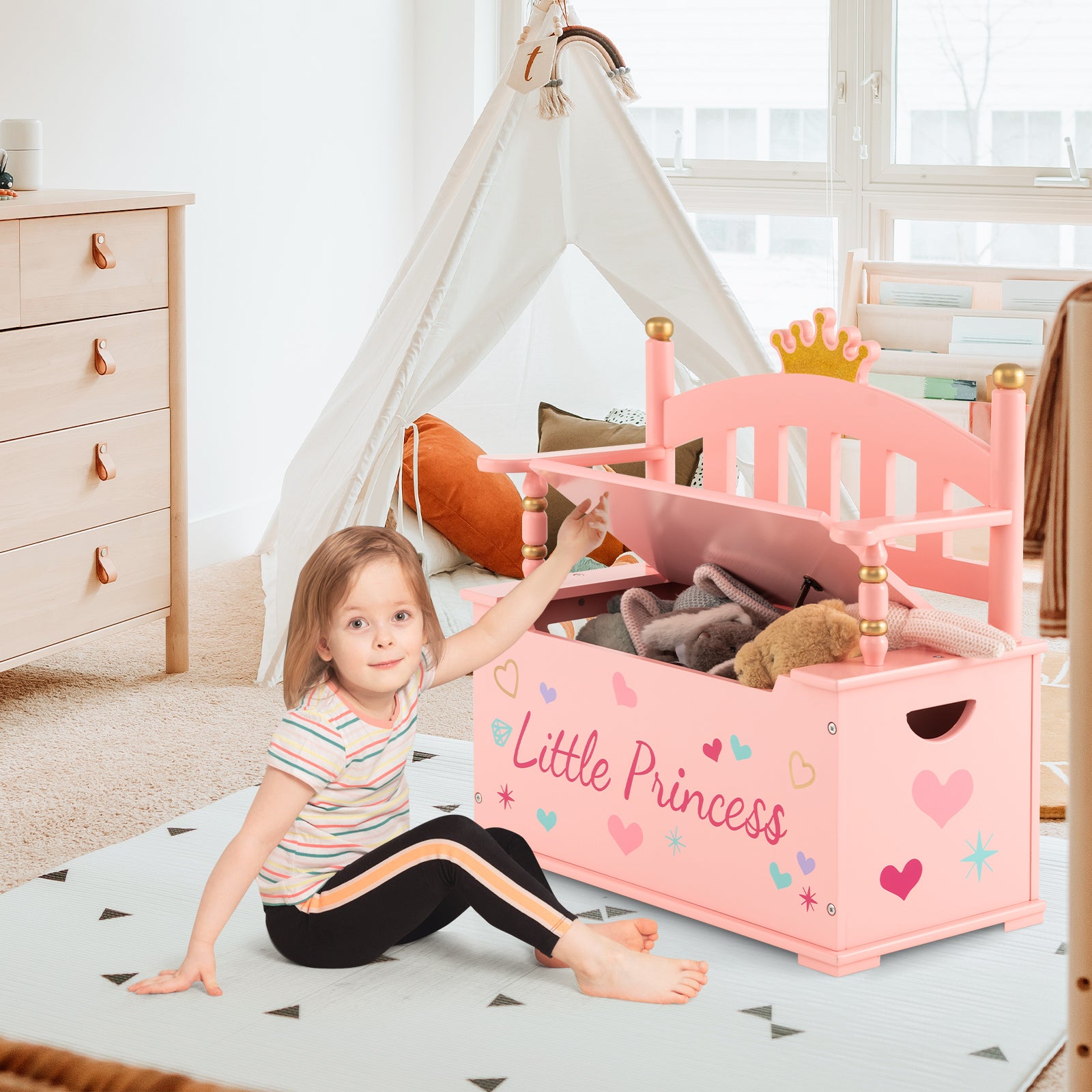 2-In-1 Kids Princess Wooden Toy Box, Safe Hinged Lid, Pink Kids Storage at Gallery Canada