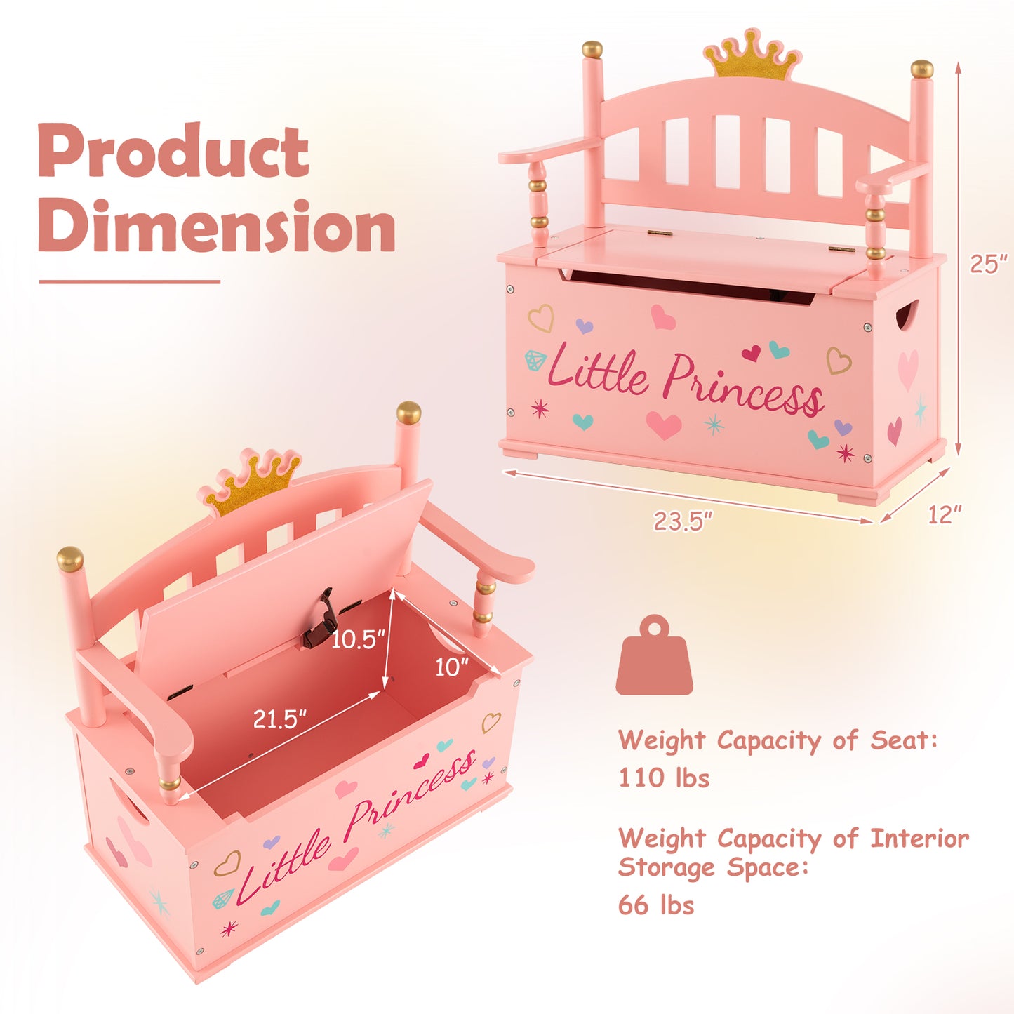2-In-1 Kids Princess Wooden Toy Box, Safe Hinged Lid, Pink Kids Storage at Gallery Canada