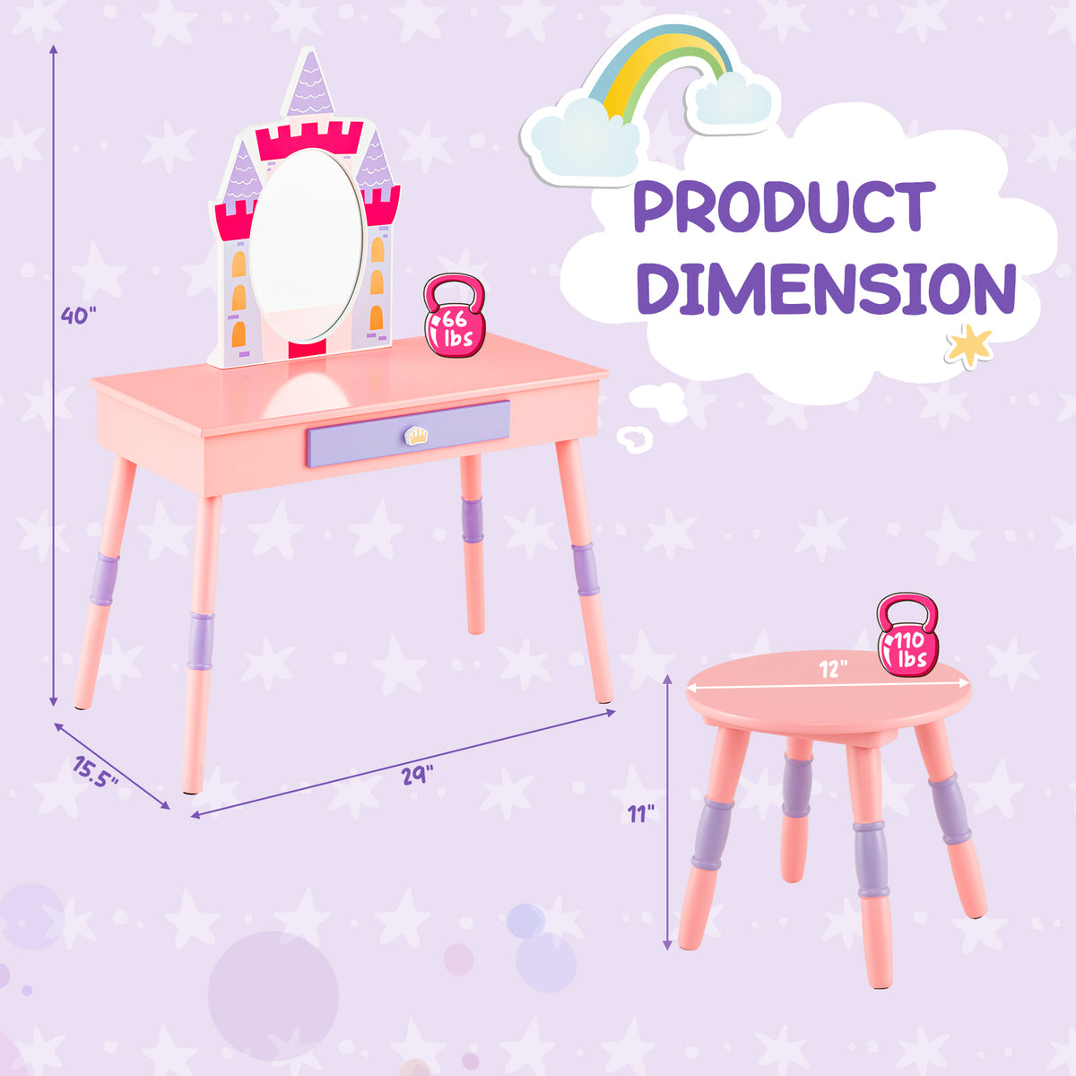 Kids Princess Vanity Table And Stool Set With Drawer And Mirror, Pink Kids Vanities at Gallery Canada