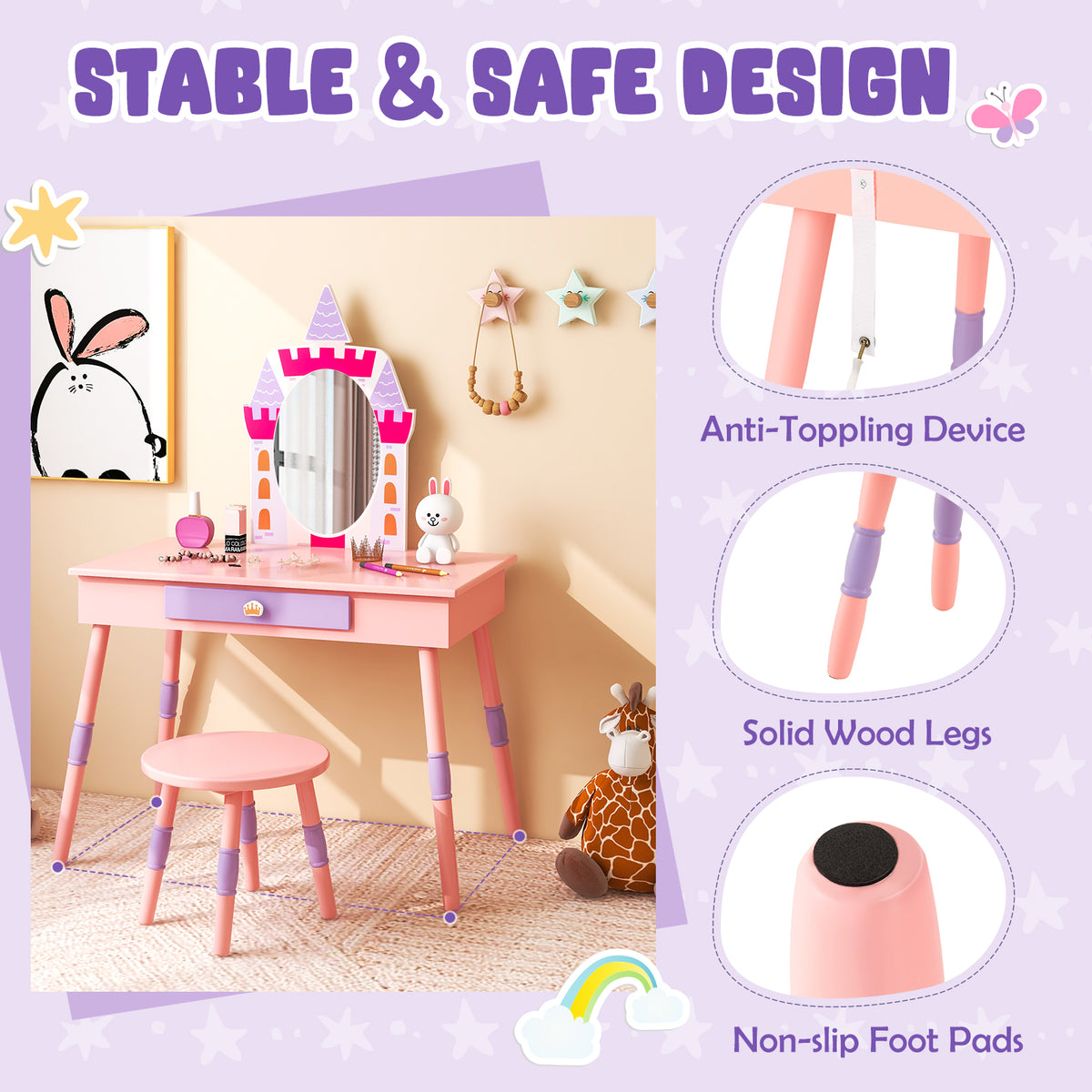 Kids Princess Vanity Table And Stool Set With Drawer And Mirror, Pink Kids Vanities at Gallery Canada