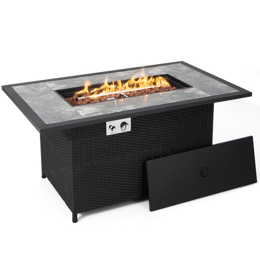 52 Inch Rattan Fire Pit Table With Rain Cover, Lava Rock, Black Fire Pit Tables Black at Gallery Canada