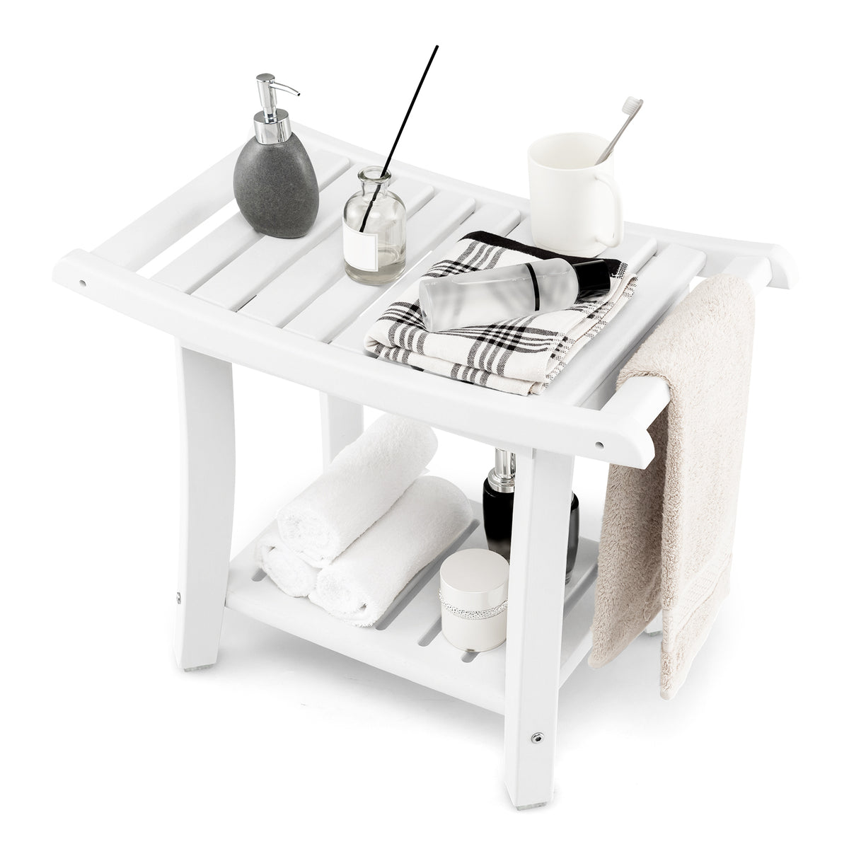 Heavy Duty Waterproof Bath Stool, Curved Seat With Storage Shelf, Off White Bath Safety at Gallery Canada
