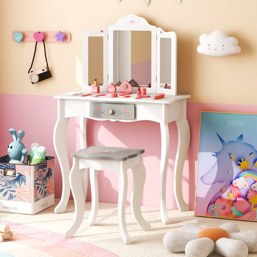 Kids Vanity Set, Tri-Folding Mirror, White