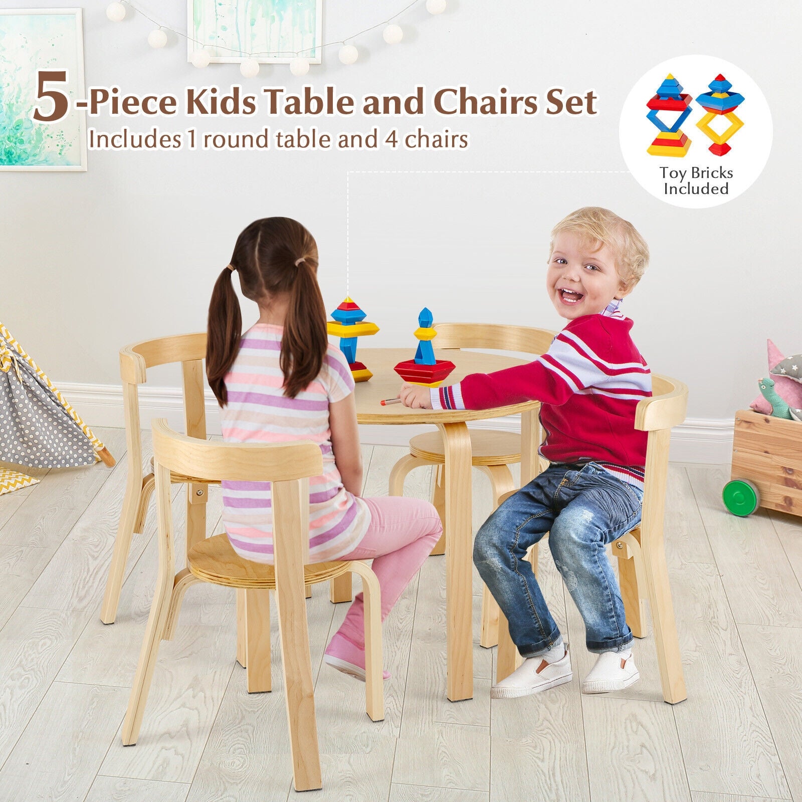 Kids Wooden Activity Table And Chair Set, 5-Piece, Natural Kids Table & Chair Sets at Gallery Canada