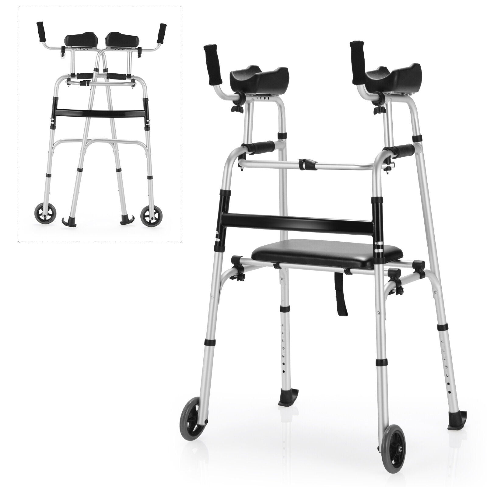 Height Adjustable Rollator Walker With Seat, Armrest Pad, White, Black Walkers & Rollators at Gallery Canada