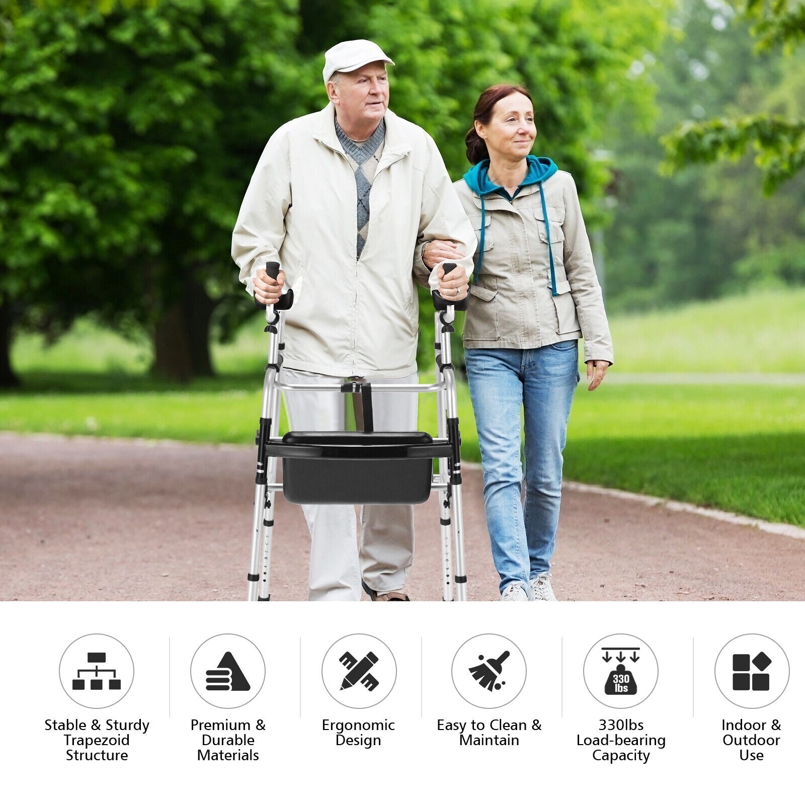 Height Adjustable Rollator Walker With Seat, Armrest Pad, White, Black Walkers & Rollators at Gallery Canada