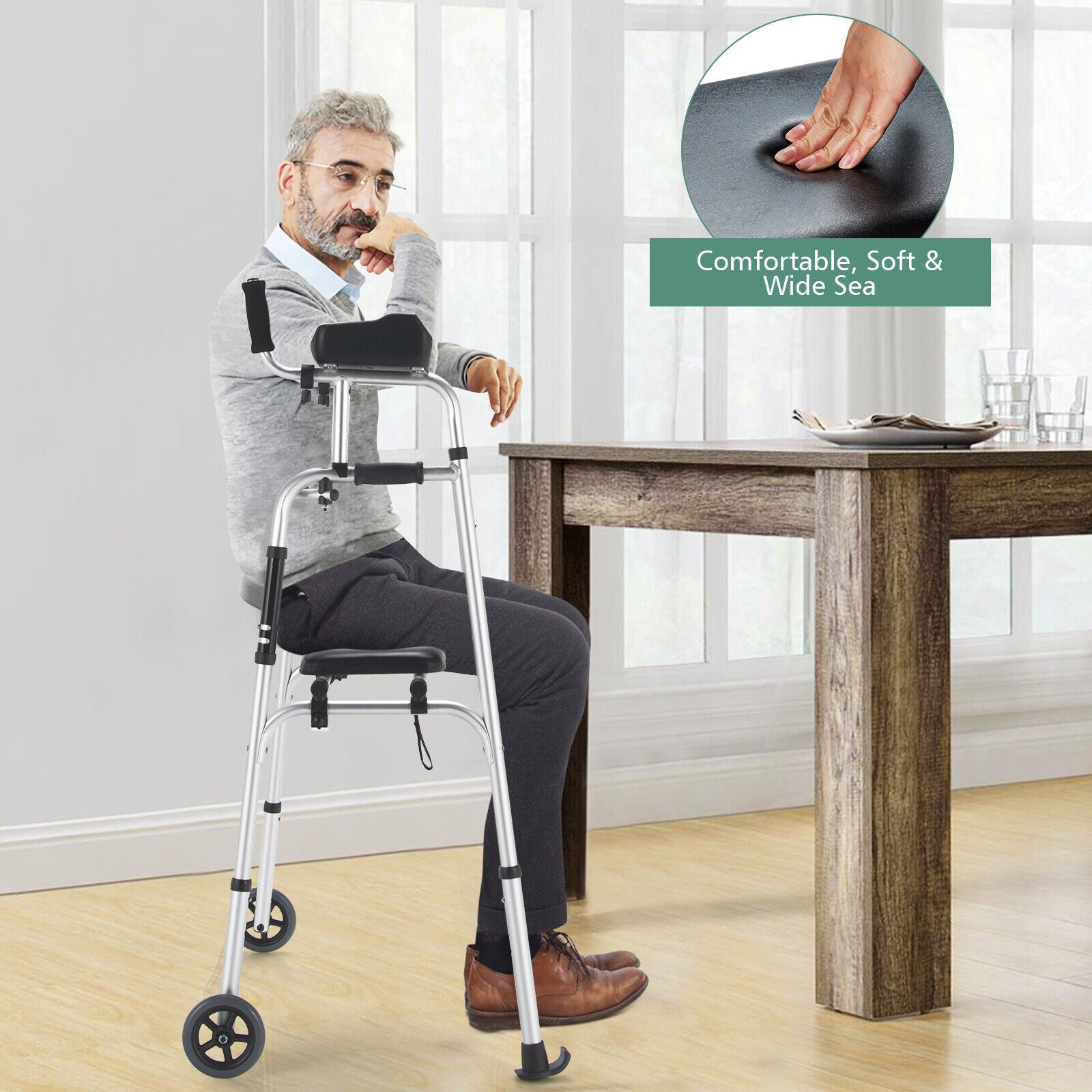 Height Adjustable Rollator Walker With Seat, Armrest Pad, White, Black Walkers & Rollators at Gallery Canada