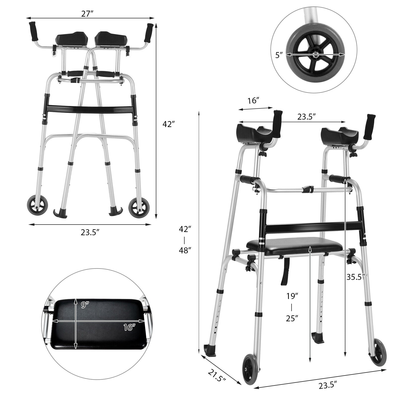 Height Adjustable Rollator Walker With Seat, Armrest Pad, White, Black Walkers & Rollators at Gallery Canada
