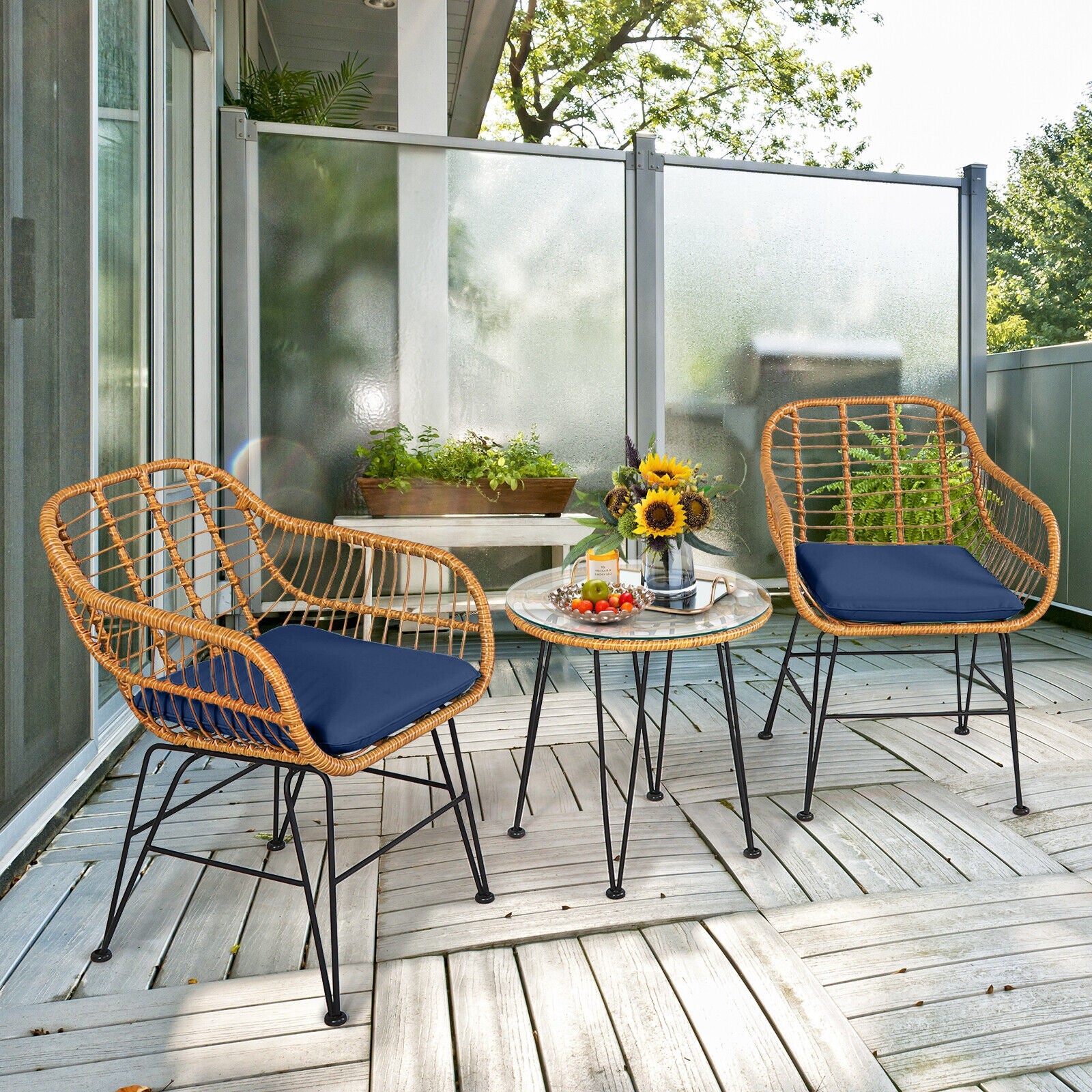 3 Piece Rattan Furniture Set, Cushioned Chair Table, Navy Patio Conversation Sets at Gallery Canada