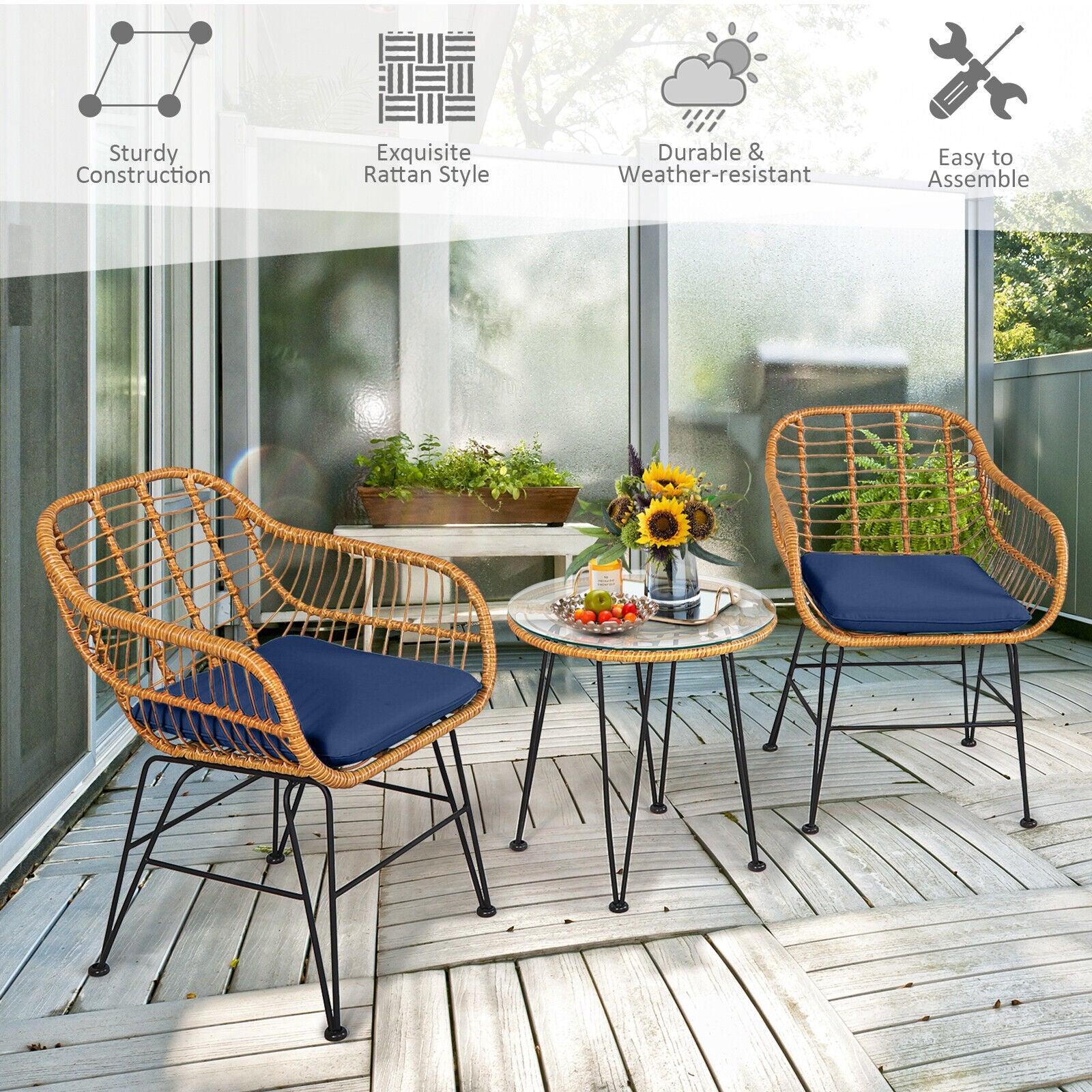 3 Piece Rattan Furniture Set, Cushioned Chair Table, Navy Patio Conversation Sets at Gallery Canada