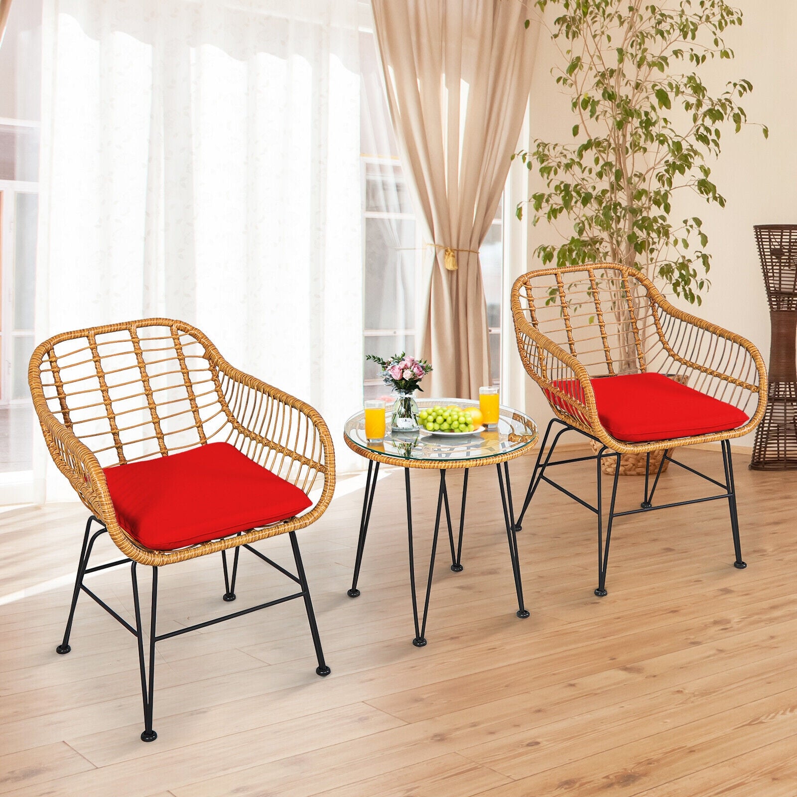 3 Piece Rattan Furniture Set, Cushioned Chair Table, Red Patio Conversation Sets at Gallery Canada