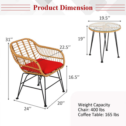 3 Piece Rattan Furniture Set, Cushioned Chair Table, Red Patio Conversation Sets at Gallery Canada