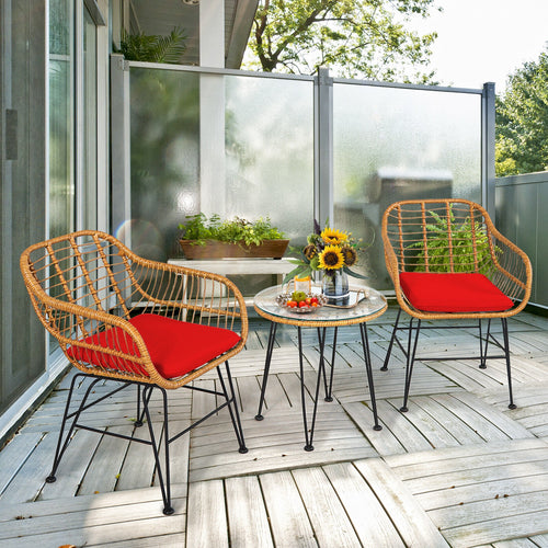 3 Piece Rattan Furniture Set, Cushioned Chair Table, Red