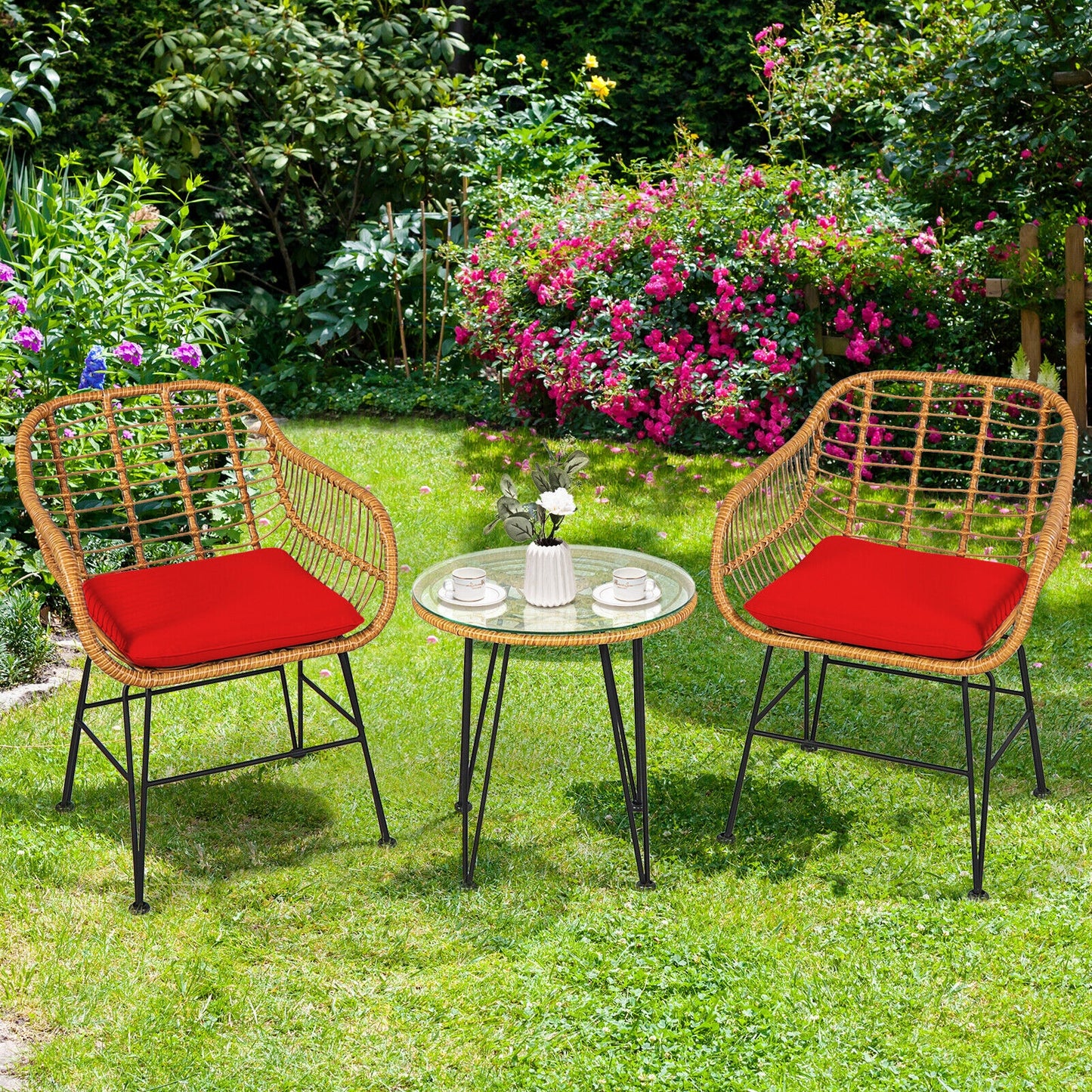 3 Piece Rattan Furniture Set, Cushioned Chair Table, Red Patio Conversation Sets at Gallery Canada