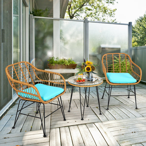 3 Piece Rattan Furniture Set, Cushioned Chair Table, Turquoise