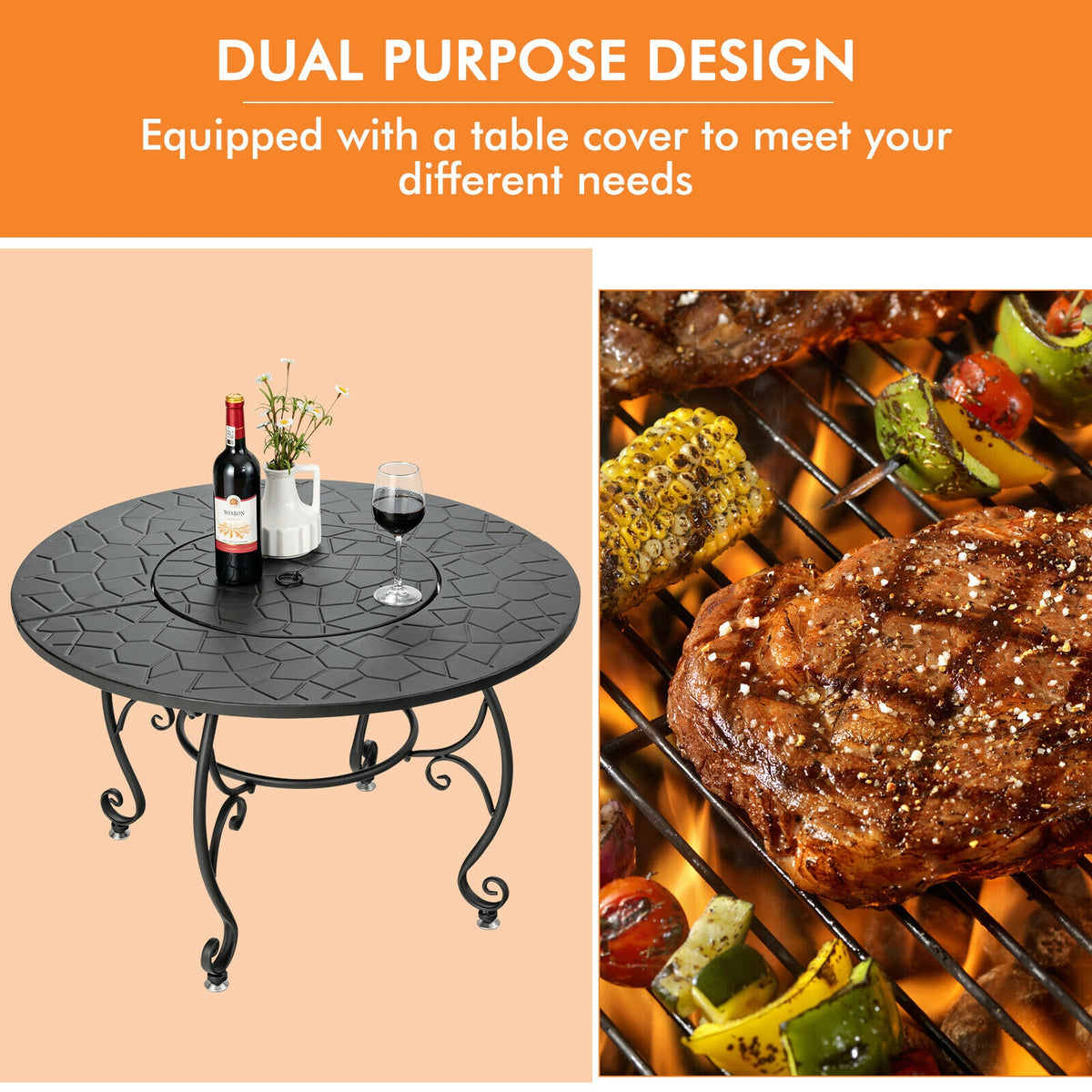 35.5 Feet Patio Fire Pit Dining Table, With BBQ Grate, Black Fire Pits at Gallery Canada