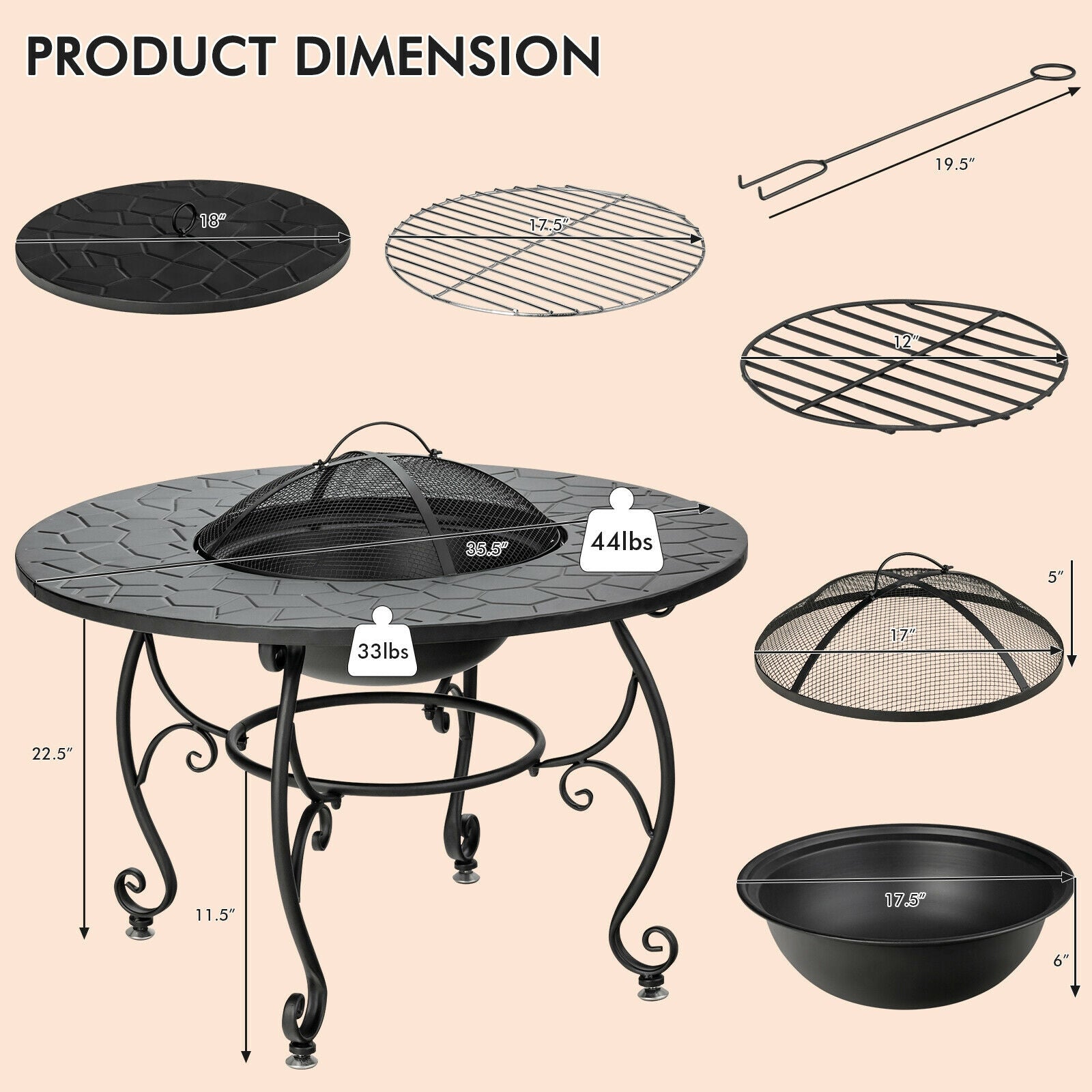 35.5 Feet Patio Fire Pit Dining Table, With BBQ Grate, Black Fire Pits at Gallery Canada
