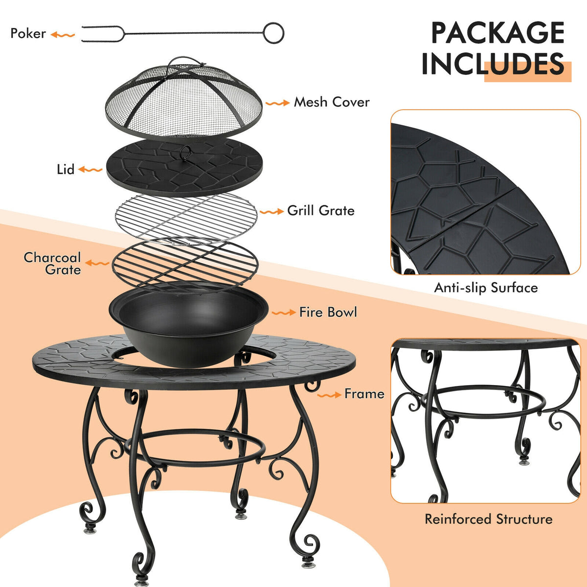 35.5 Feet Patio Fire Pit Dining Table, With BBQ Grate, Black Fire Pits at Gallery Canada
