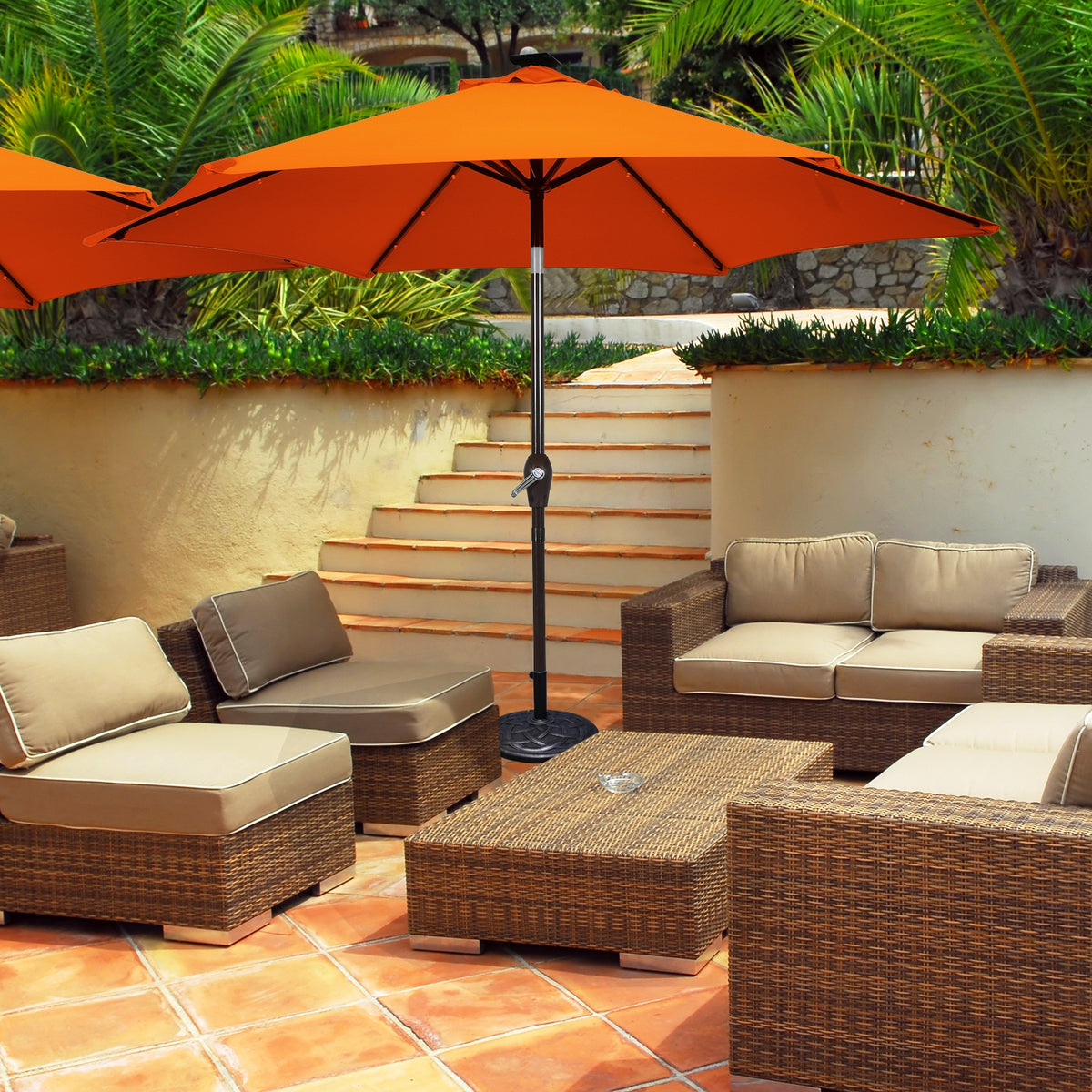 9 Inch Solar LED Patio Umbrella, Tilt Crank Lift, Orange Outdoor Umbrellas at Gallery Canada