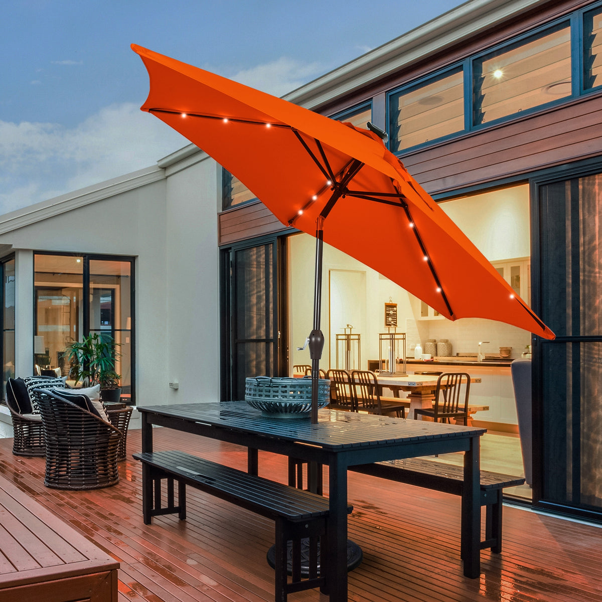 9 Inch Solar LED Patio Umbrella, Tilt Crank Lift, Orange Outdoor Umbrellas at Gallery Canada