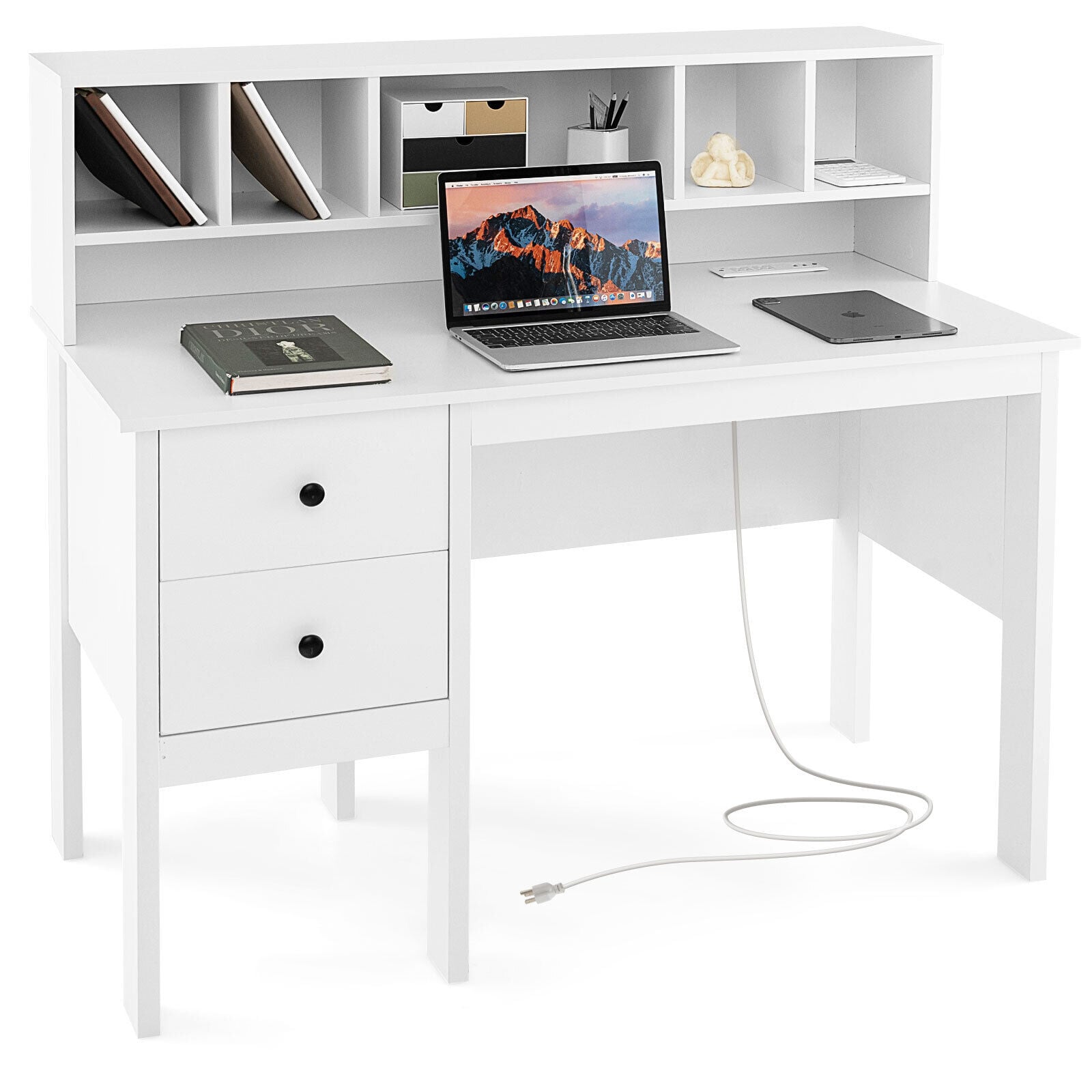48 Inch Computer Desk, Drawers, Outlets, 5-Cubby Hutch, White Computer Desks at Gallery Canada