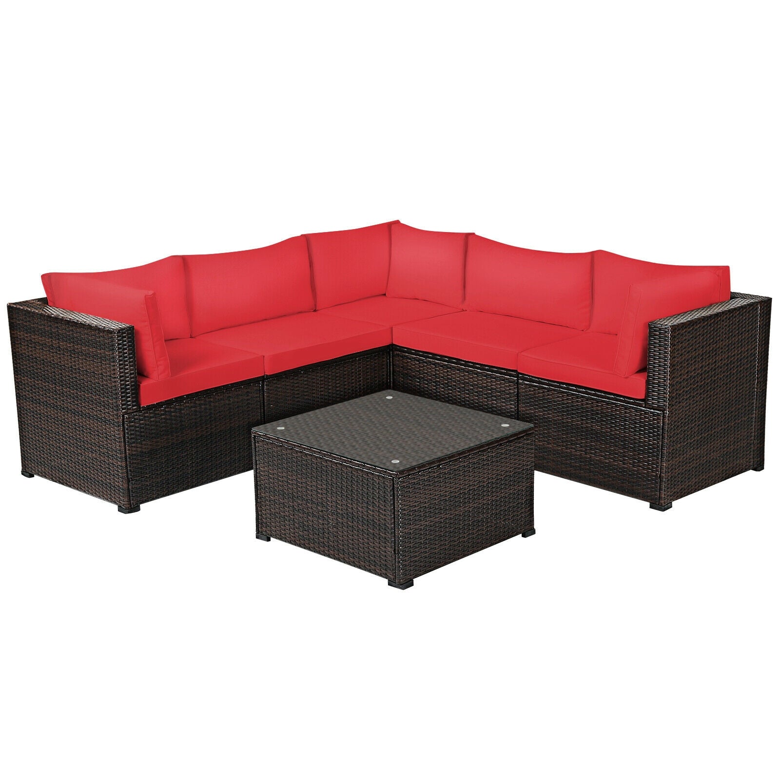 6 Piece Patio Rattan Furniture Set, Sectional Cushioned Sofa, Red Outdoor Sectionals Red at Gallery Canada