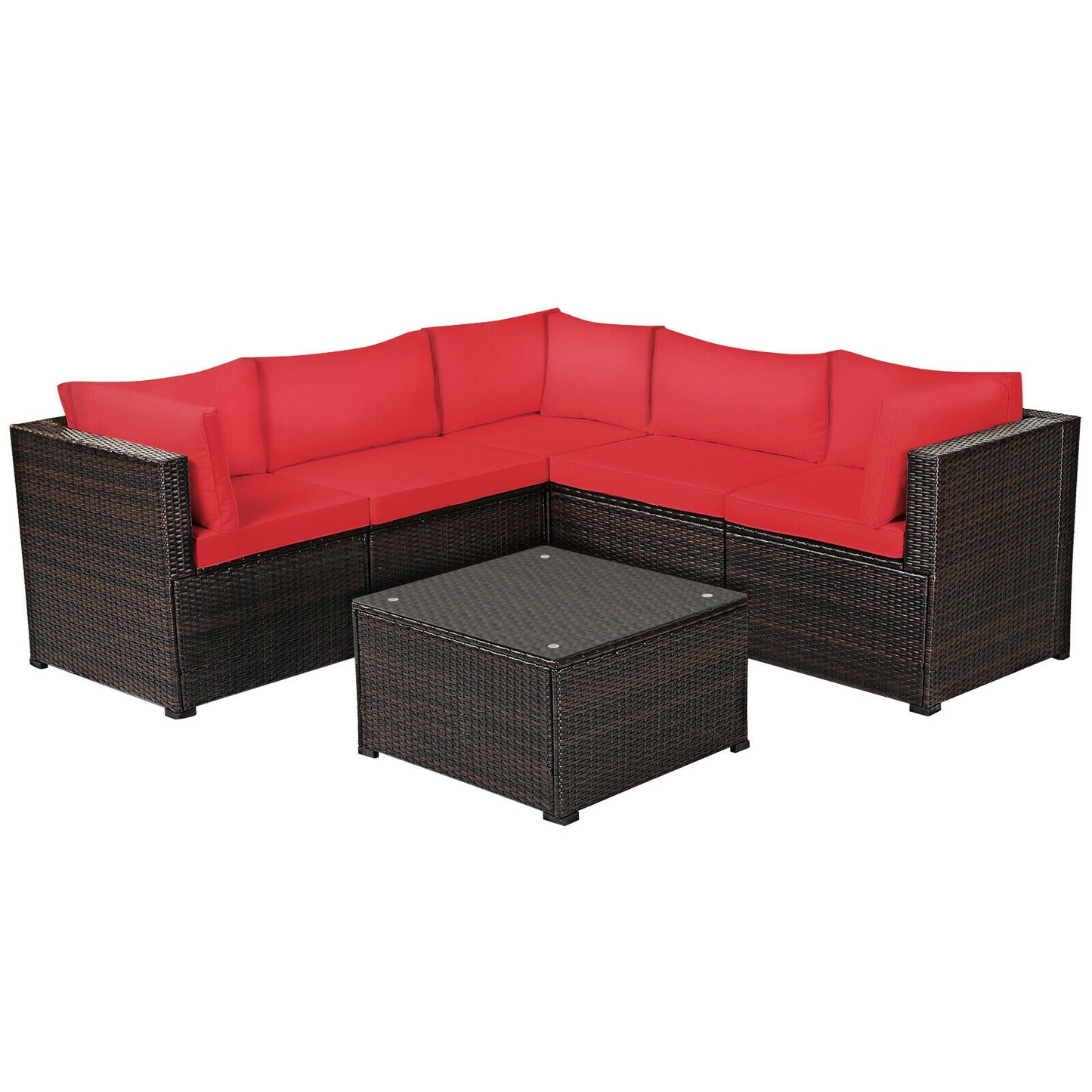 6 Piece Patio Rattan Furniture Set, Sectional Cushioned Sofa, Red Outdoor Sectionals Red at Gallery Canada
