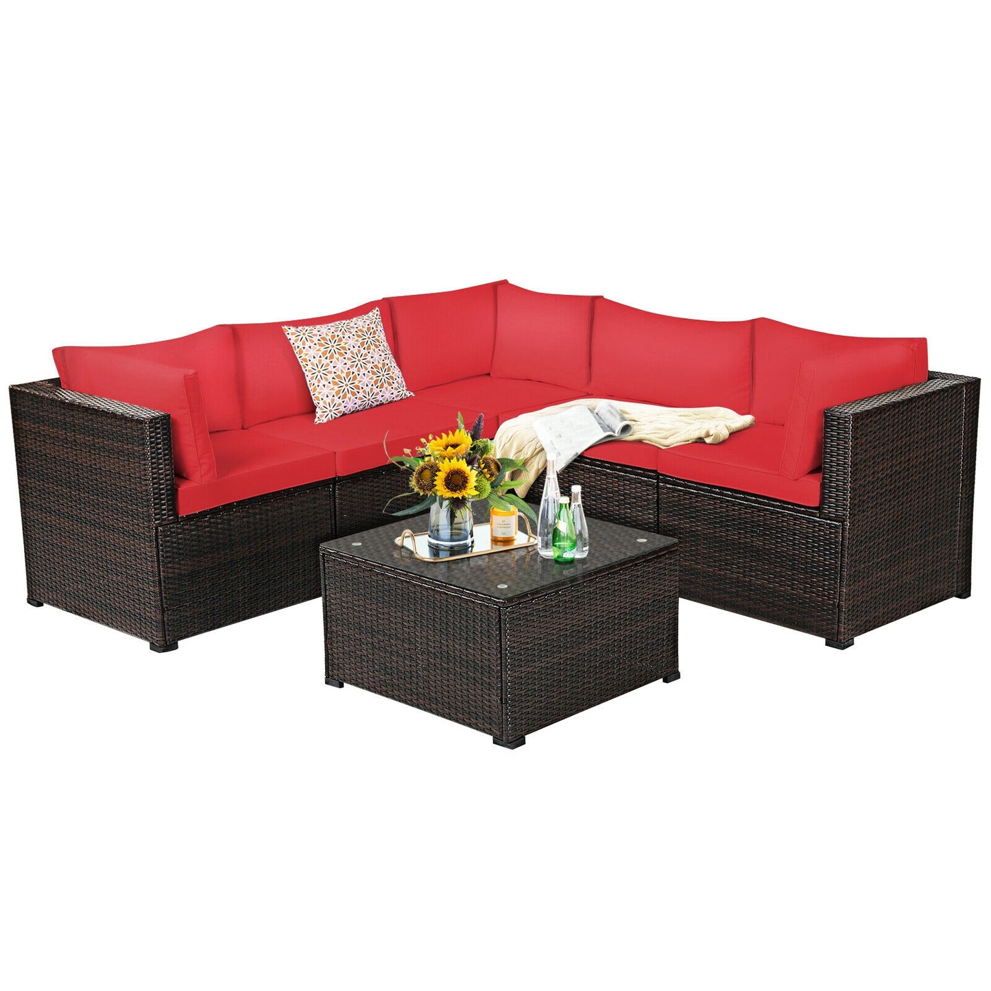 6 Piece Patio Rattan Furniture Set, Sectional Cushioned Sofa, Red Outdoor Sectionals at Gallery Canada