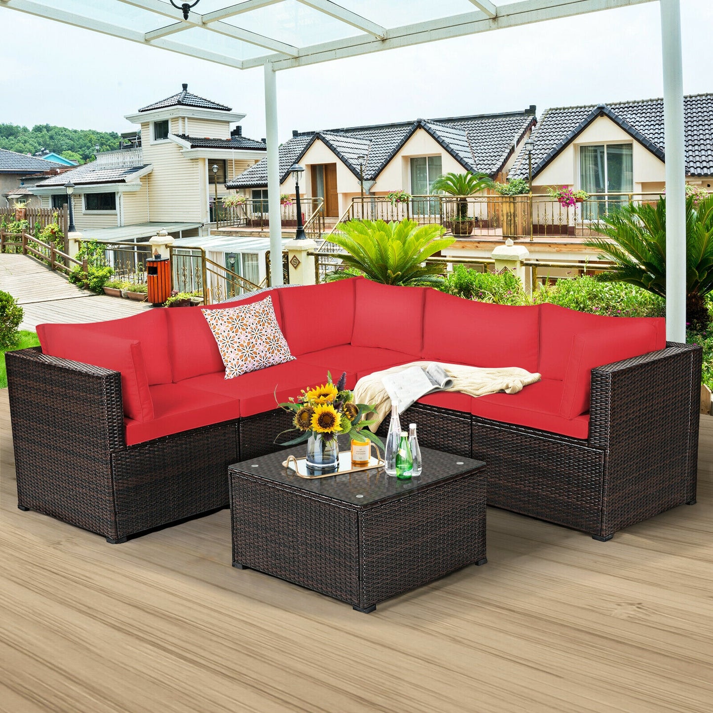 6 Piece Patio Rattan Furniture Set, Sectional Cushioned Sofa, Red Outdoor Sectionals at Gallery Canada