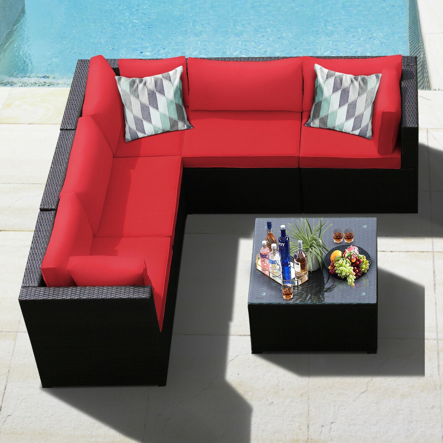6 Piece Patio Rattan Furniture Set, Sectional Cushioned Sofa, Red Outdoor Sectionals at Gallery Canada