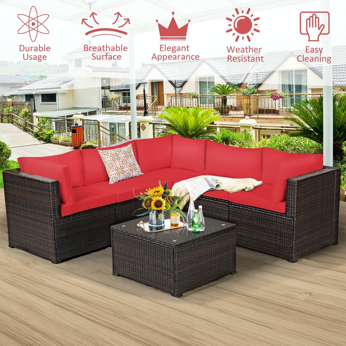 6 Piece Patio Rattan Furniture Set, Sectional Cushioned Sofa, Red Outdoor Sectionals at Gallery Canada
