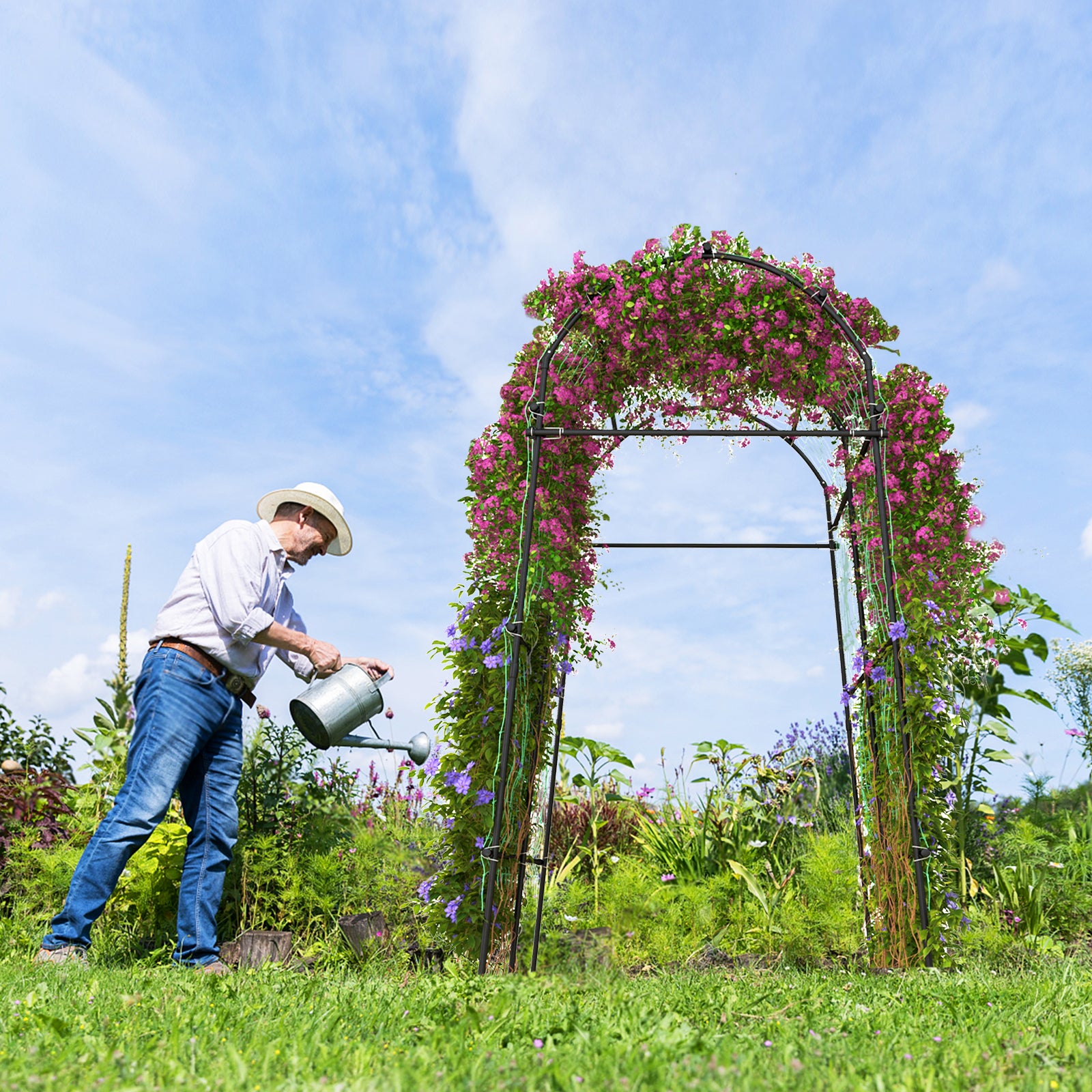 7.5 Feet Garden Arch Trellis, PE Coated Metal, Black Outdoor Decor at Gallery Canada