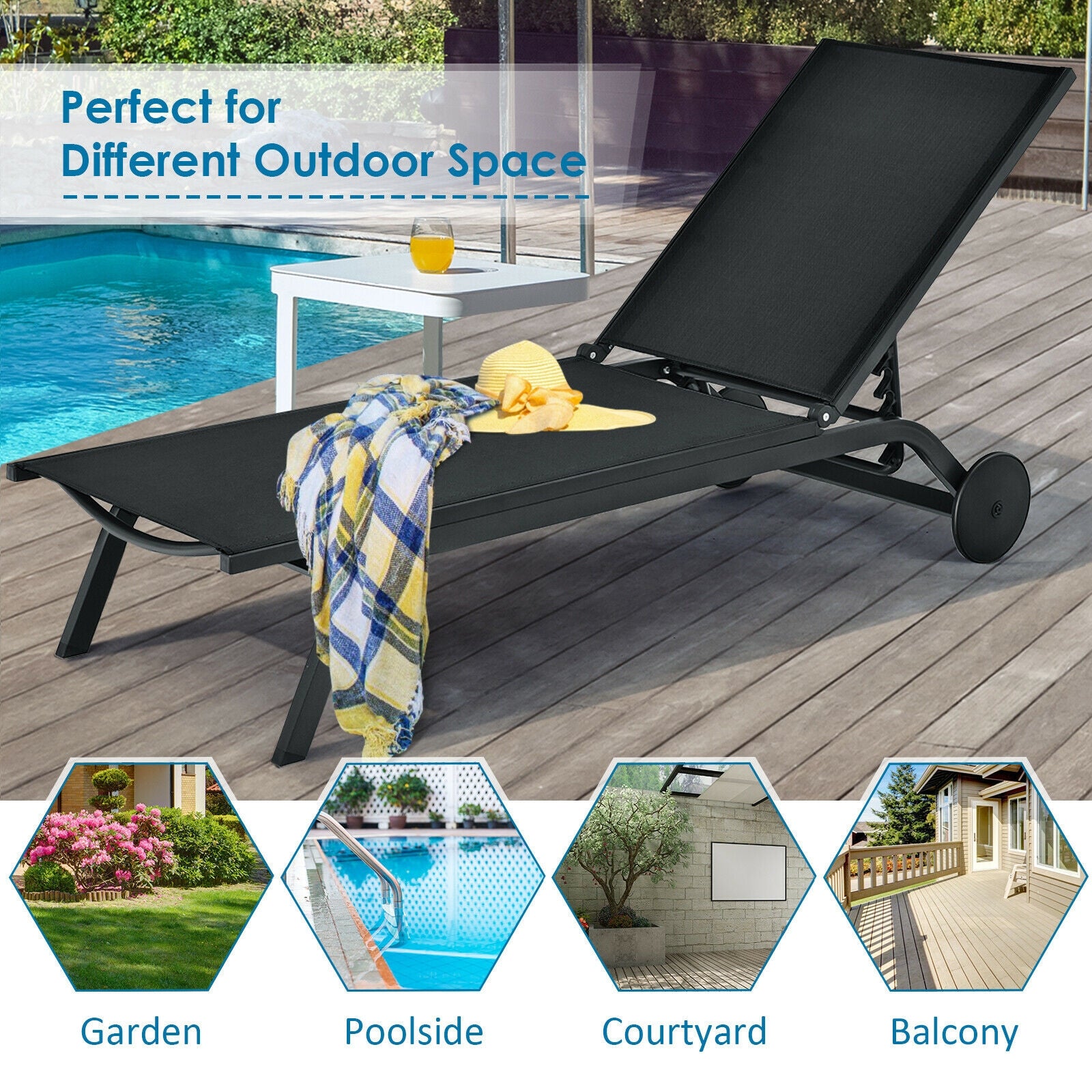 Aluminum Fabric Outdoor Patio Lounge Chair, Adjustable Reclining, Black Outdoor Chaise Lounges at Gallery Canada