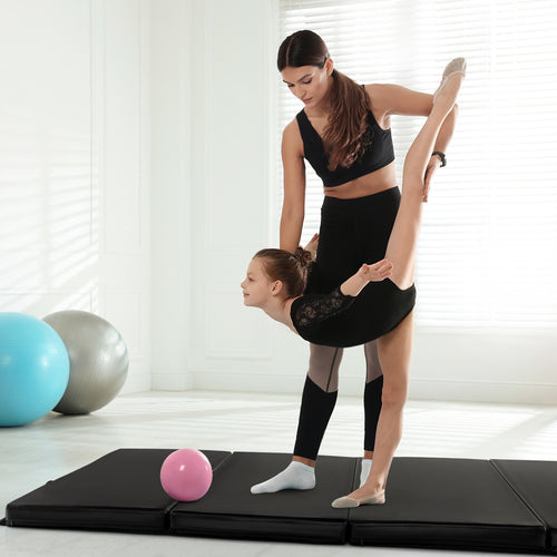 Folding Gymnastics Mat, With Carry Handles, Sweatproof PU Leather Cover, Black