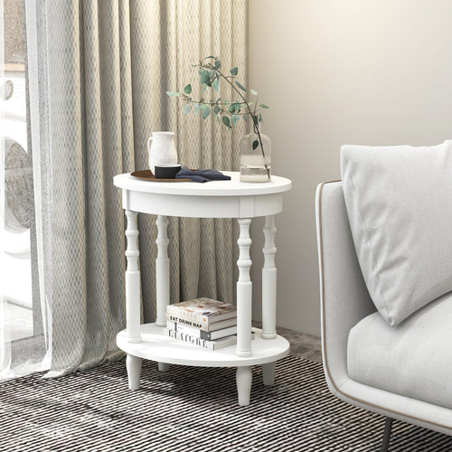 2-Tier Oval Side Table With Storage Shelf, White