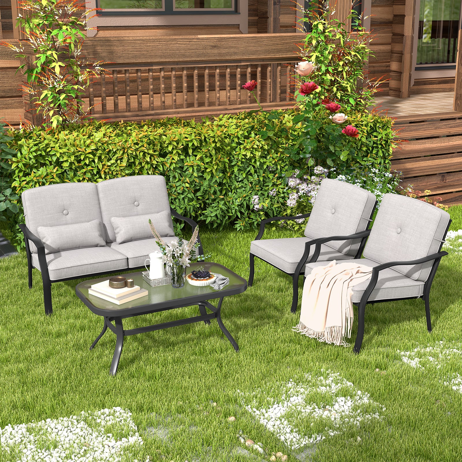 4 Piece Outdoor Conversation Set, Seat Back Cushions, Waist Pillows, Gray Patio Conversation Sets at Gallery Canada