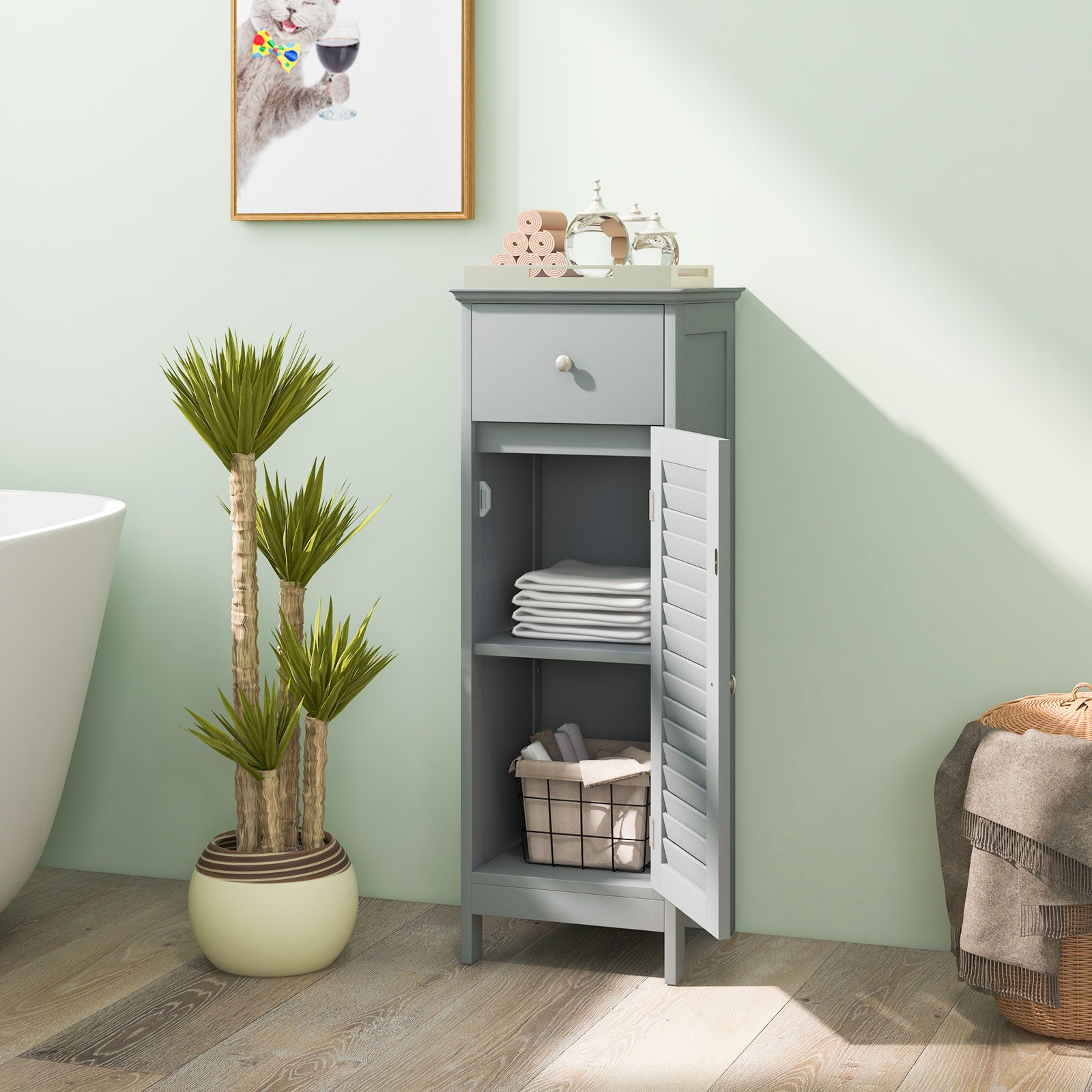 Wooden Bathroom Floor Storage Cabinet, With Drawer And Shutter Door, Gray Floor Cabinets at Gallery Canada