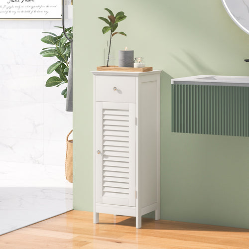 Wooden Bathroom Floor Storage Cabinet, Drawer And Shutter Door, White